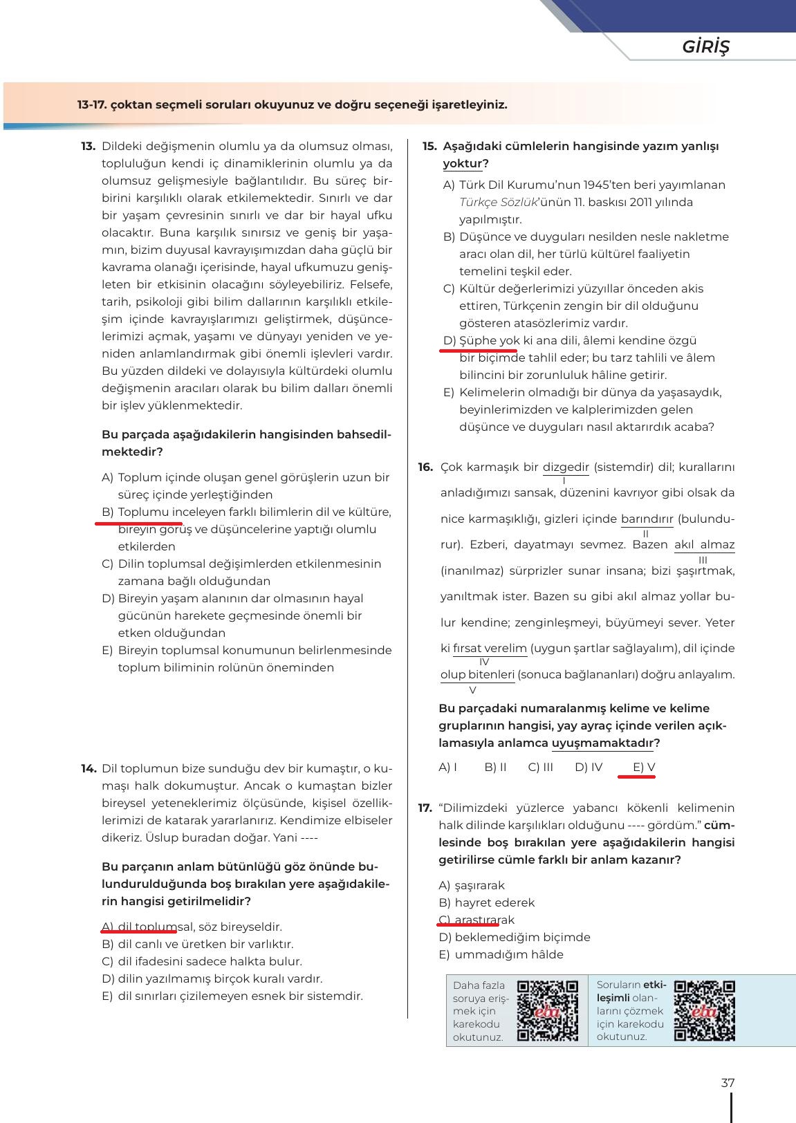 12. Sınıf Meb Yayınları Türk Dili Ve Edebiyatı Ders Kitabı Sayfa 37 Cevapları