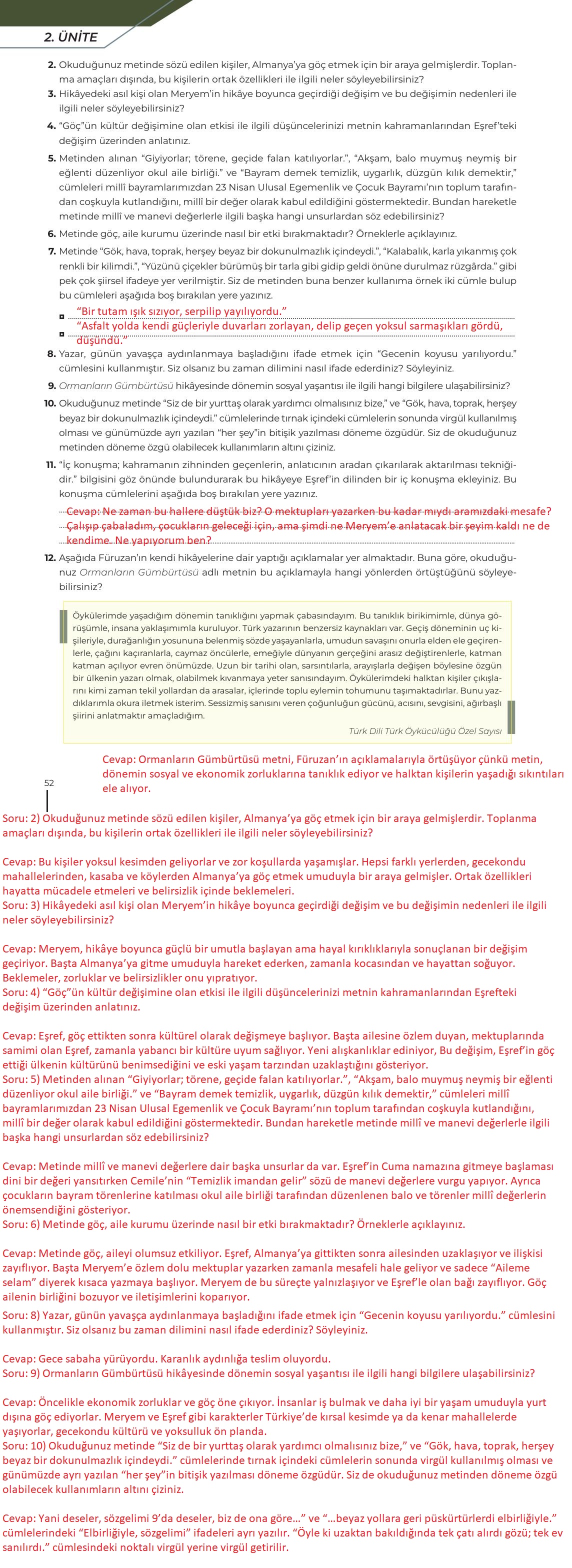 12. Sınıf Meb Yayınları Türk Dili Ve Edebiyatı Ders Kitabı Sayfa 52 Cevapları