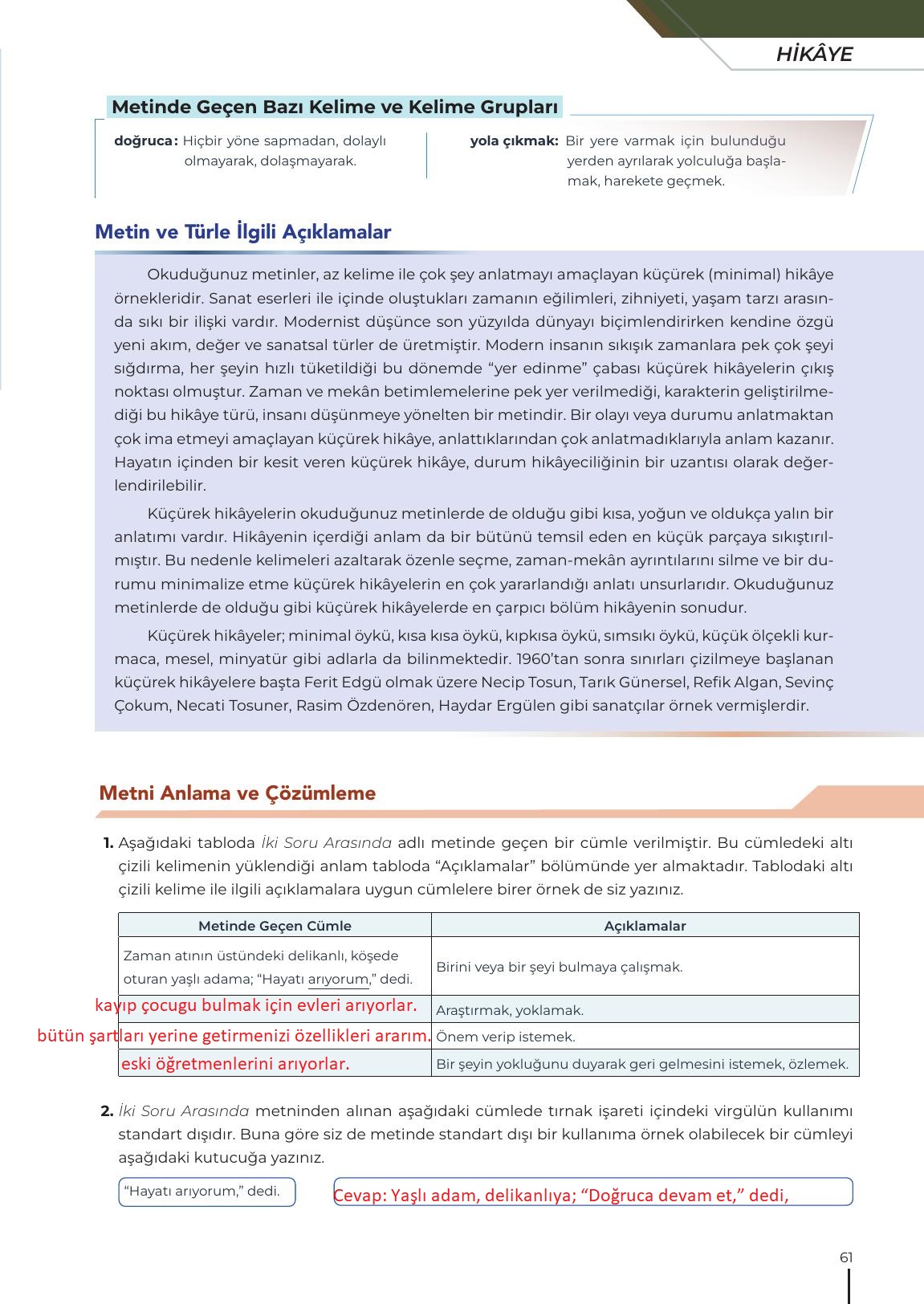 12. Sınıf Meb Yayınları Türk Dili Ve Edebiyatı Ders Kitabı Sayfa 61 Cevapları