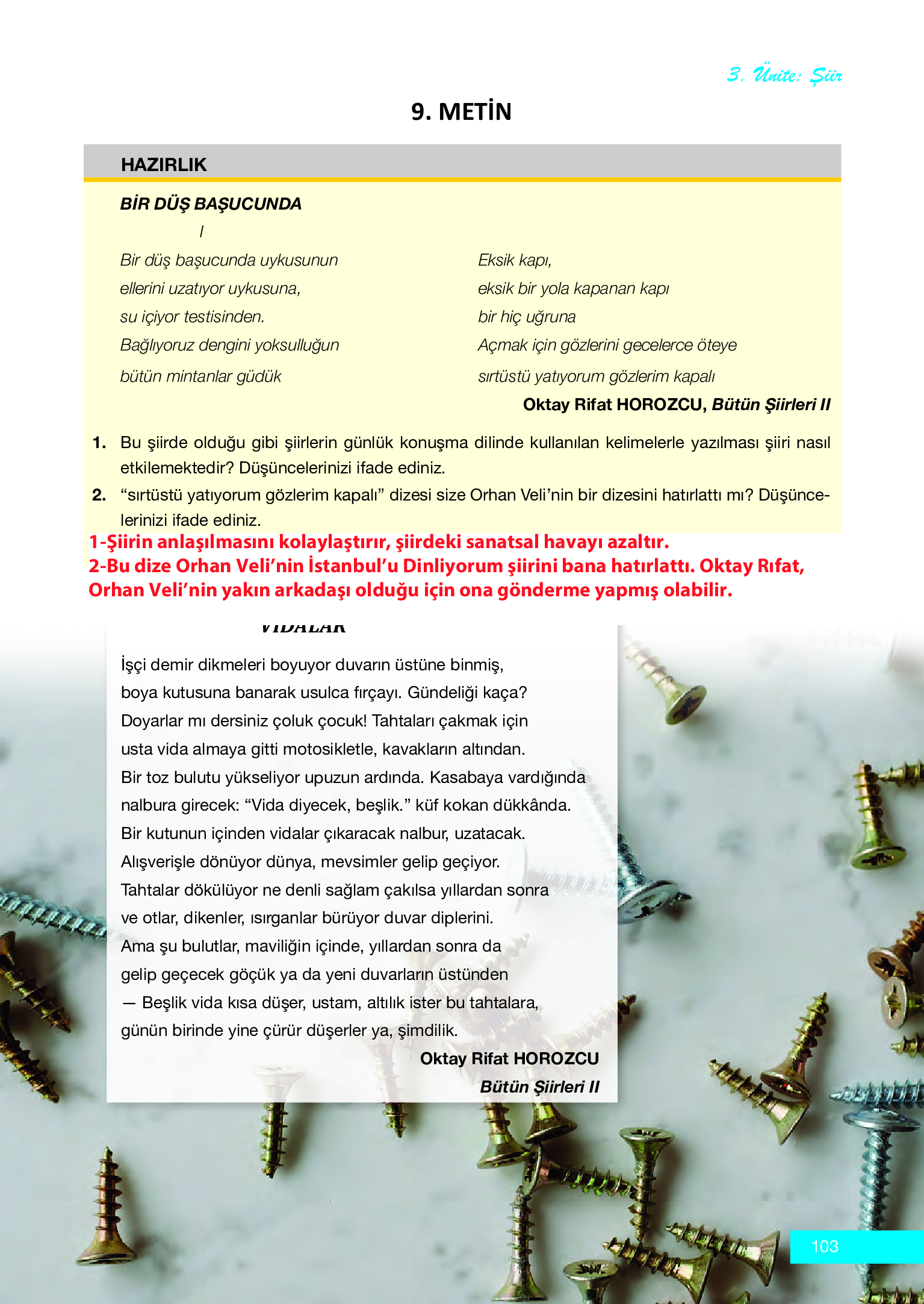 12. Sınıf Melis Yayınları Türk Dili Ve Edebiyatı Ders Kitabı Sayfa 103 Cevapları