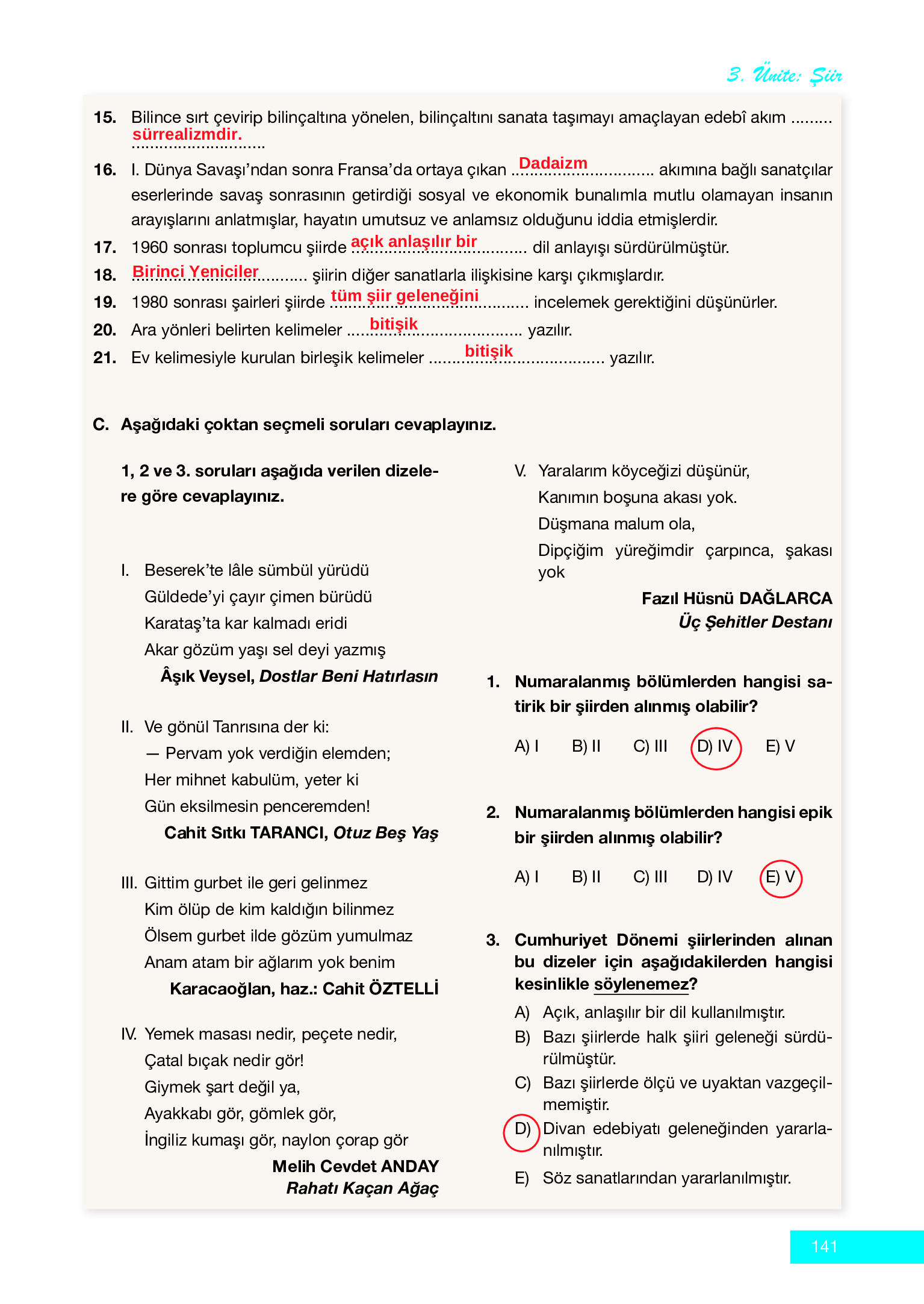 12. Sınıf Melis Yayınları Türk Dili Ve Edebiyatı Ders Kitabı Sayfa 141 Cevapları