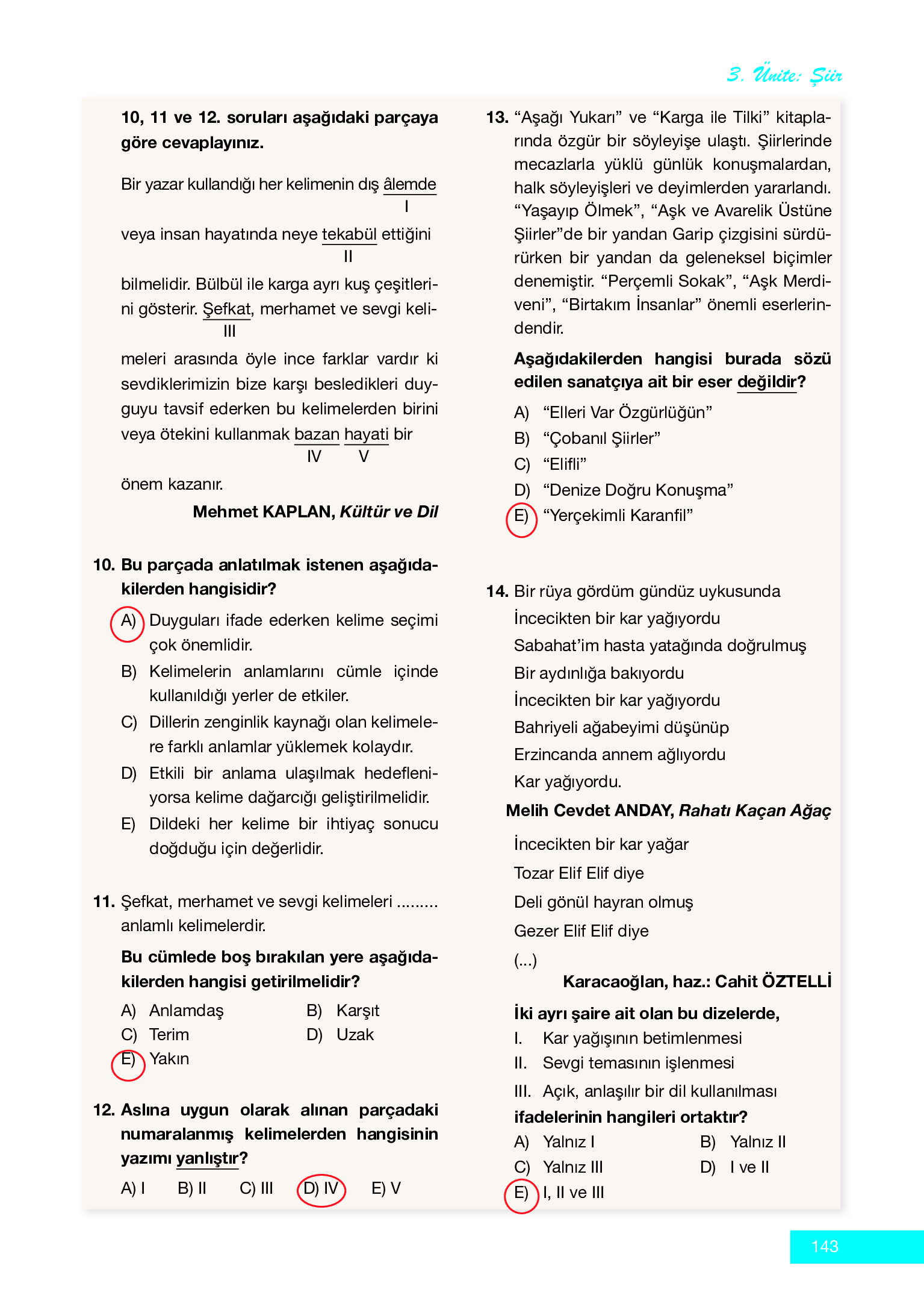 12. Sınıf Melis Yayınları Türk Dili Ve Edebiyatı Ders Kitabı Sayfa 143 Cevapları