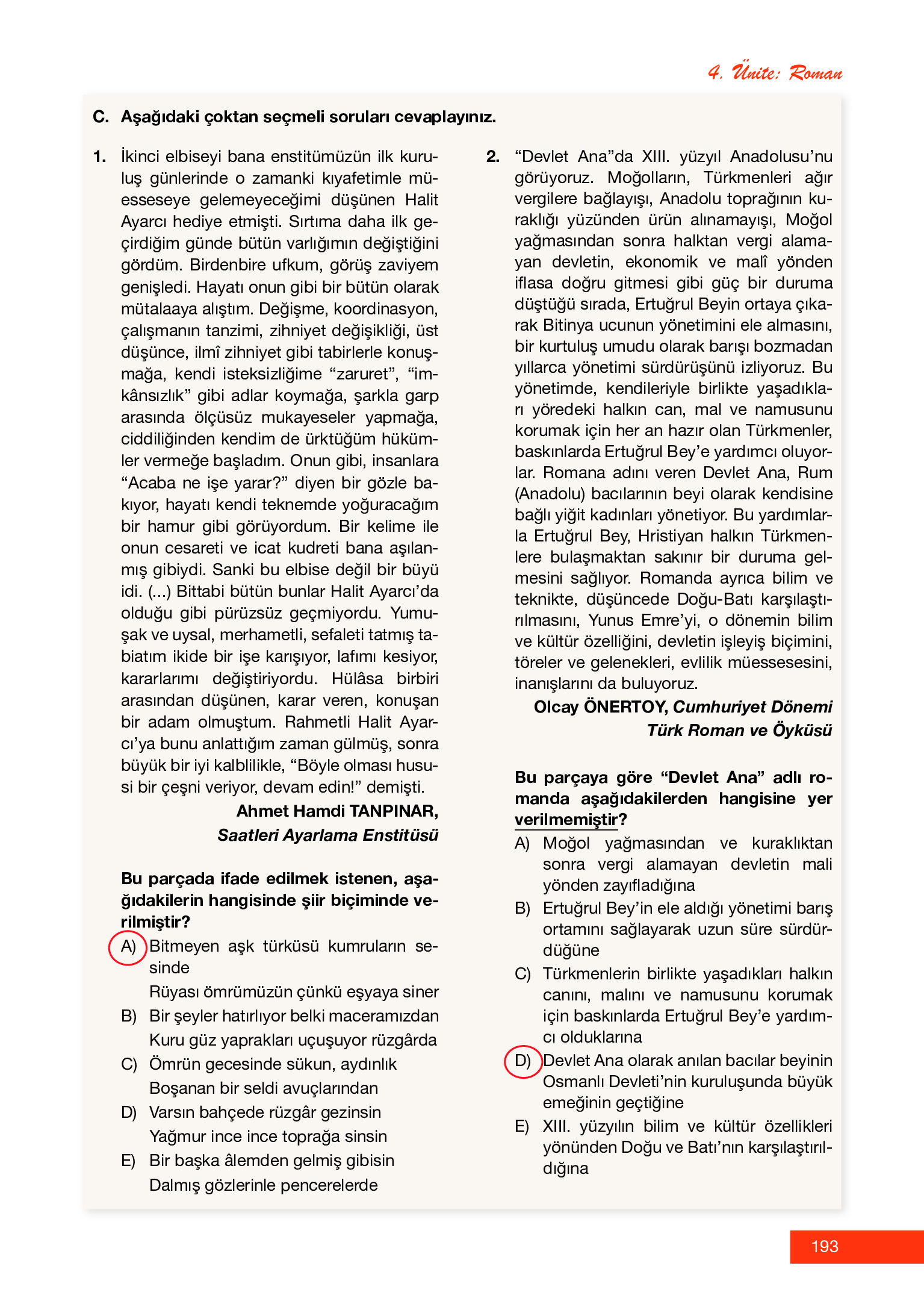 12. Sınıf Melis Yayınları Türk Dili Ve Edebiyatı Ders Kitabı Sayfa 193 Cevapları