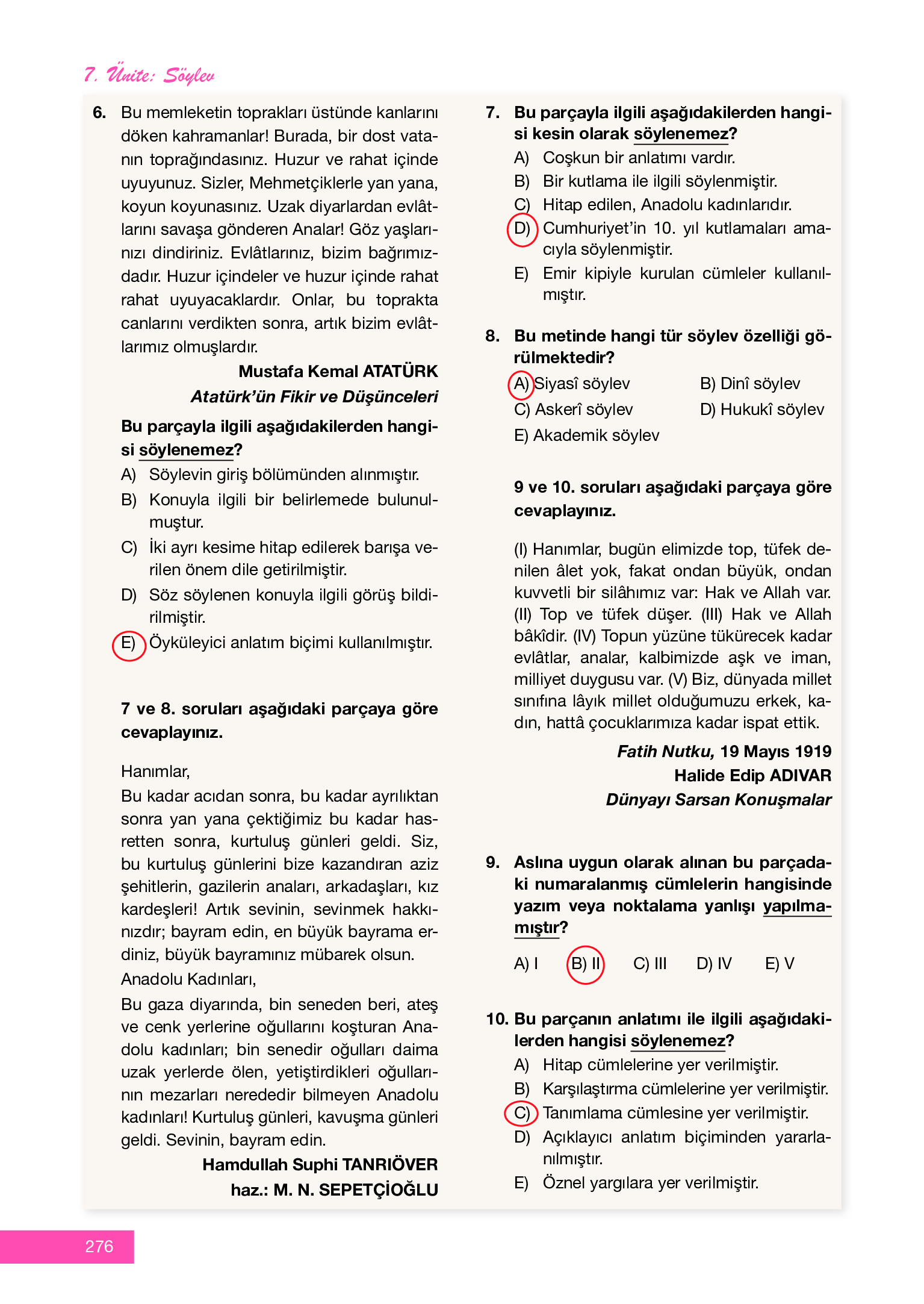 12. Sınıf Melis Yayınları Türk Dili Ve Edebiyatı Ders Kitabı Sayfa 276 Cevapları