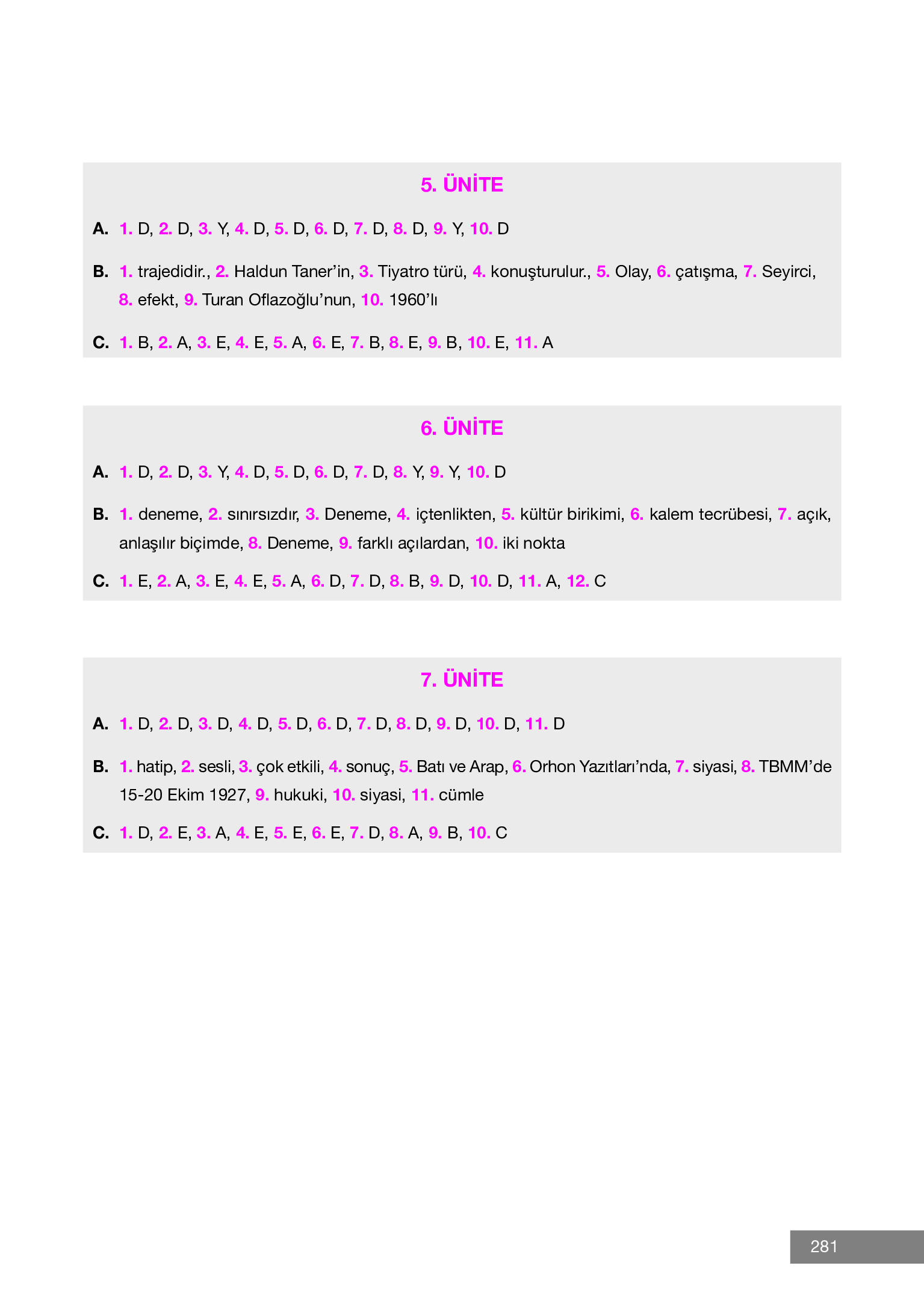 12. Sınıf Melis Yayınları Türk Dili Ve Edebiyatı Ders Kitabı Sayfa 281 Cevapları