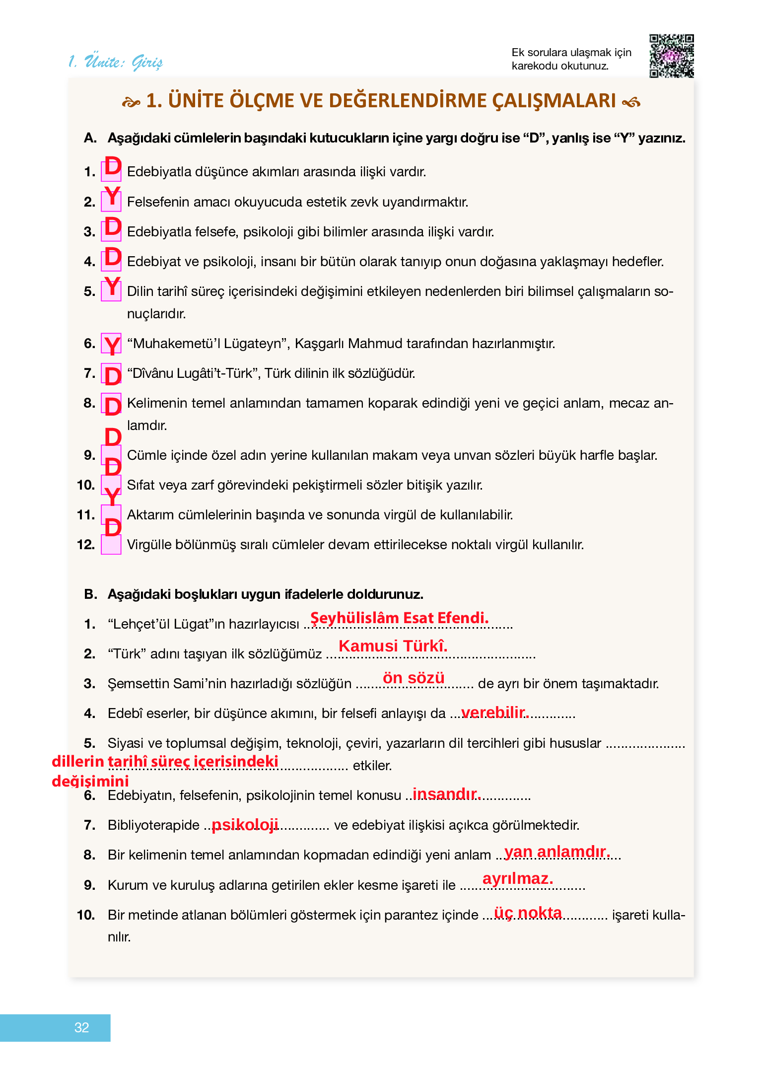 12. Sınıf Melis Yayınları Türk Dili Ve Edebiyatı Ders Kitabı Sayfa 32 Cevapları
