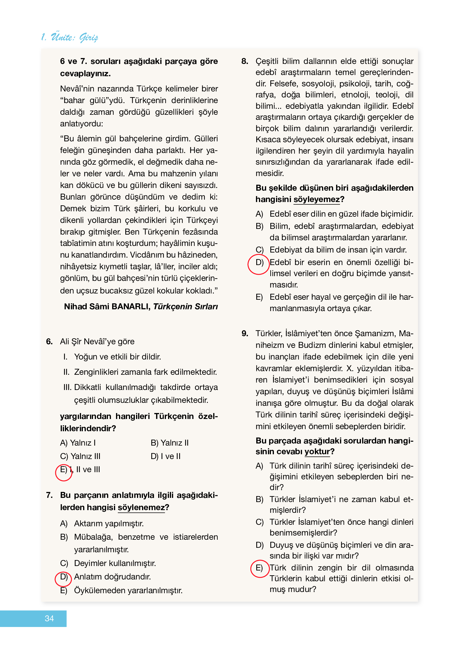 12. Sınıf Melis Yayınları Türk Dili Ve Edebiyatı Ders Kitabı Sayfa 34 Cevapları