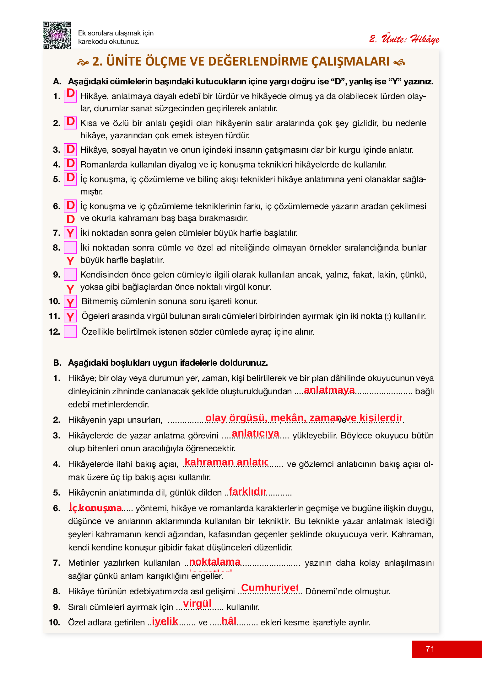 12. Sınıf Melis Yayınları Türk Dili Ve Edebiyatı Ders Kitabı Sayfa 71 Cevapları