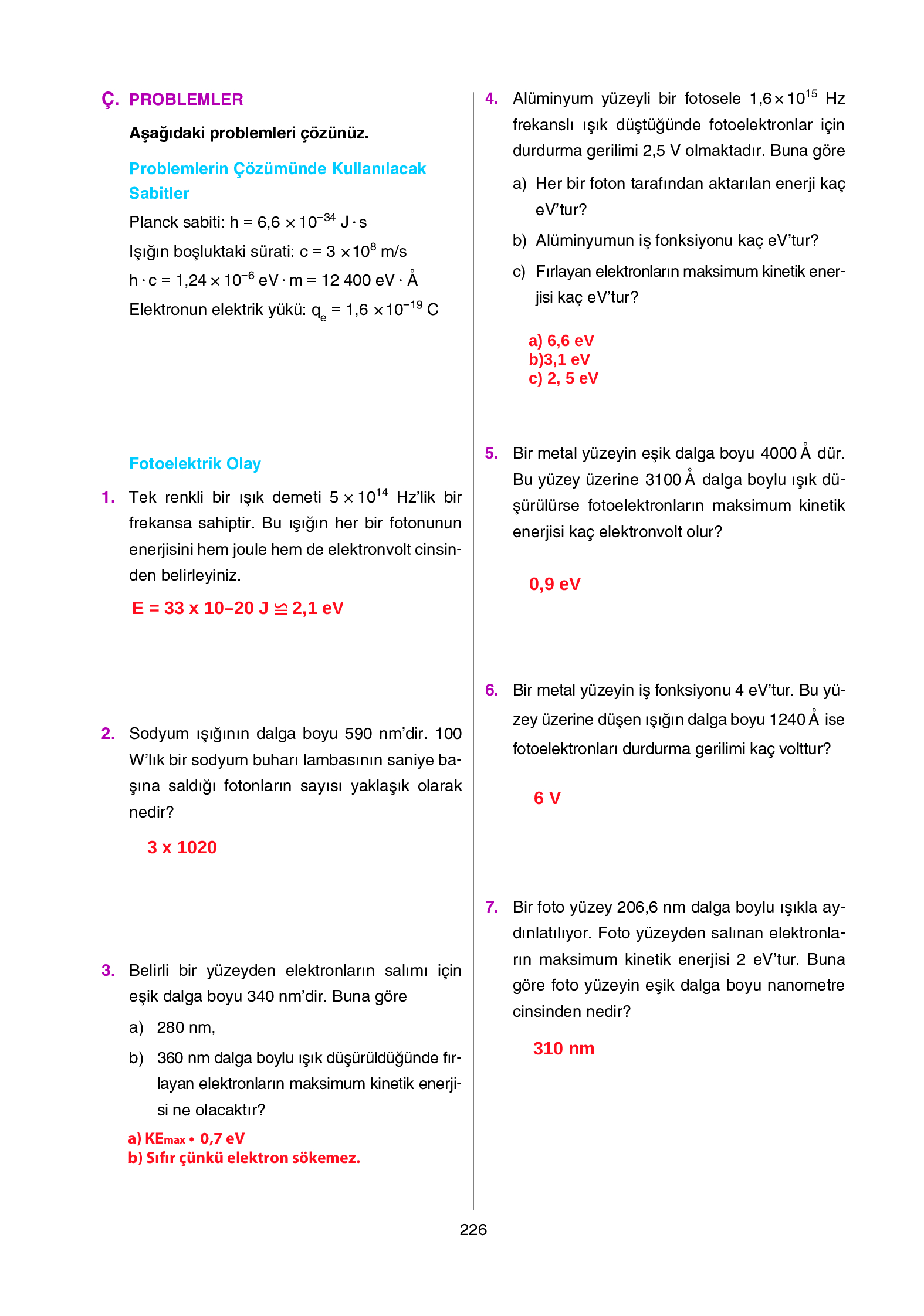 12. Sınıf Yıldırım Yayınları Fizik Ders Kitabı Sayfa 226 Cevapları