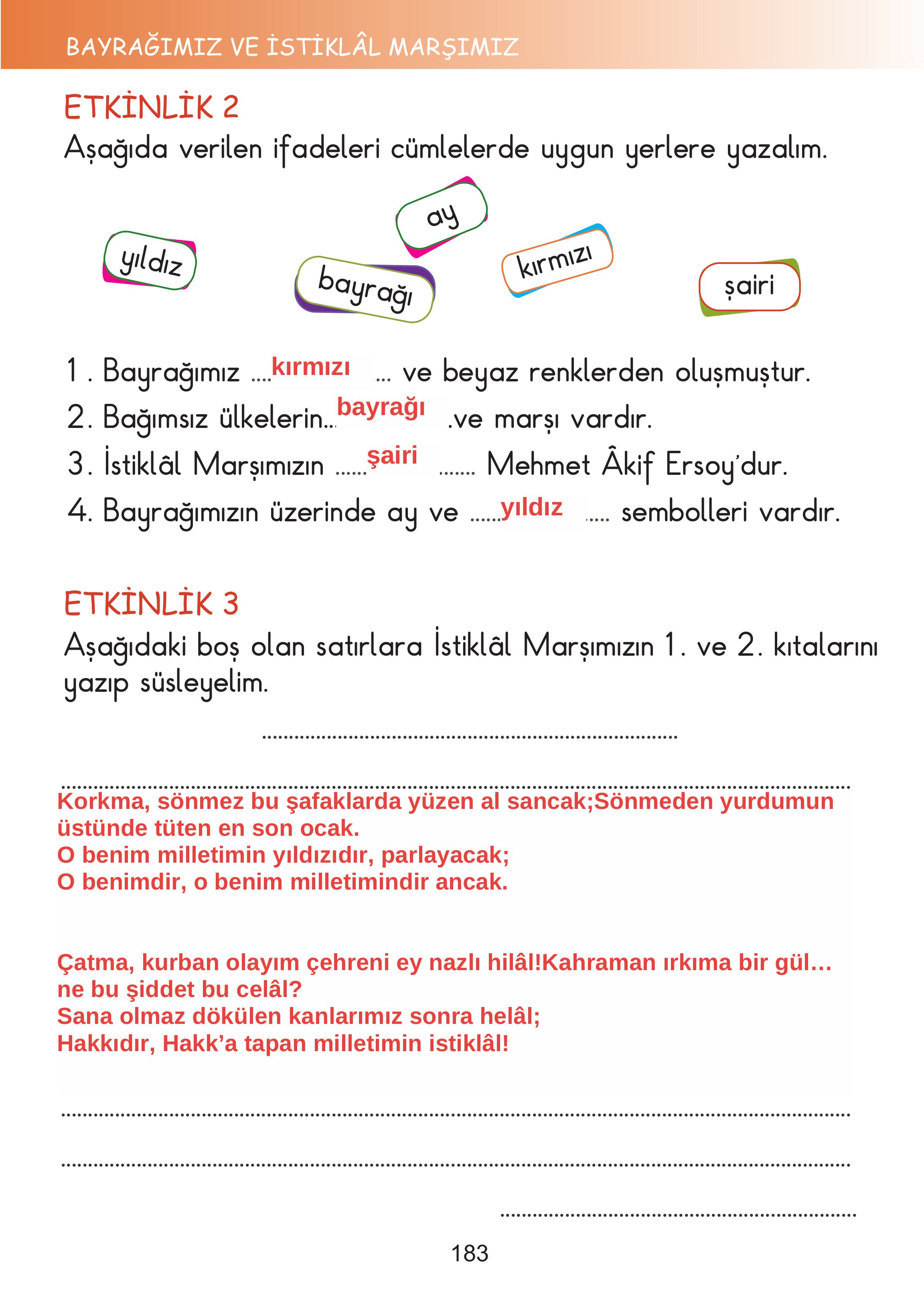 2. Sınıf Meb Yayınları Hayat Bilgisi Ders Kitabı Sayfa 183 Cevapları