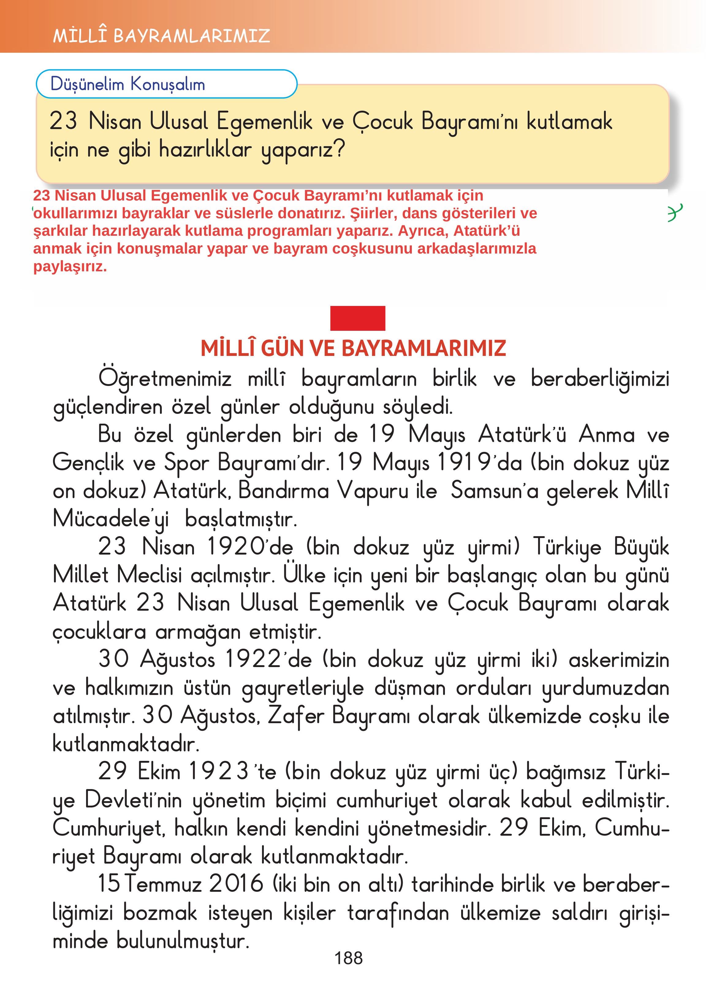 2. Sınıf Meb Yayınları Hayat Bilgisi Ders Kitabı Sayfa 188 Cevapları