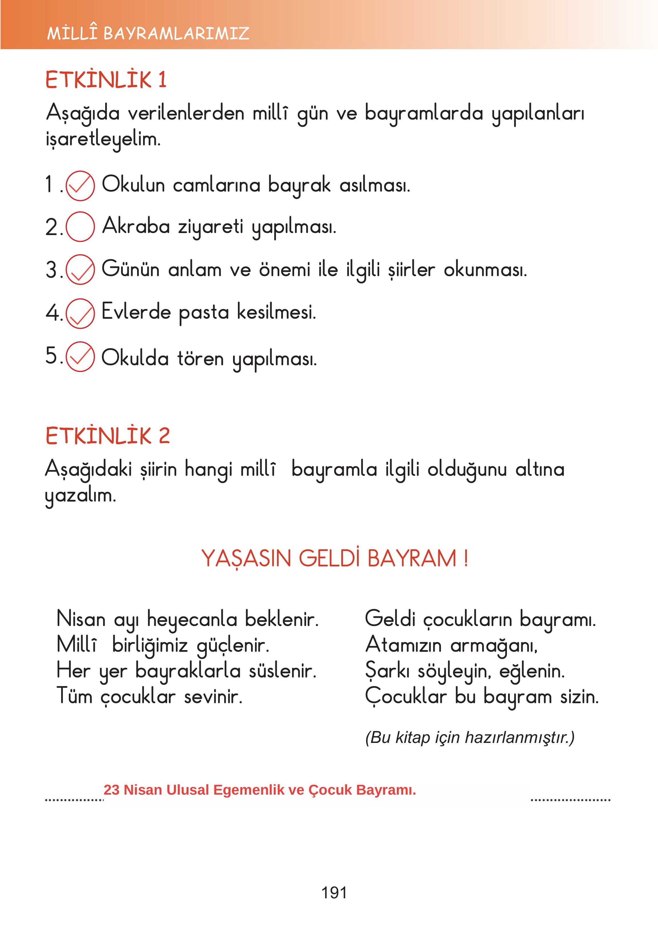 2. Sınıf Meb Yayınları Hayat Bilgisi Ders Kitabı Sayfa 191 Cevapları