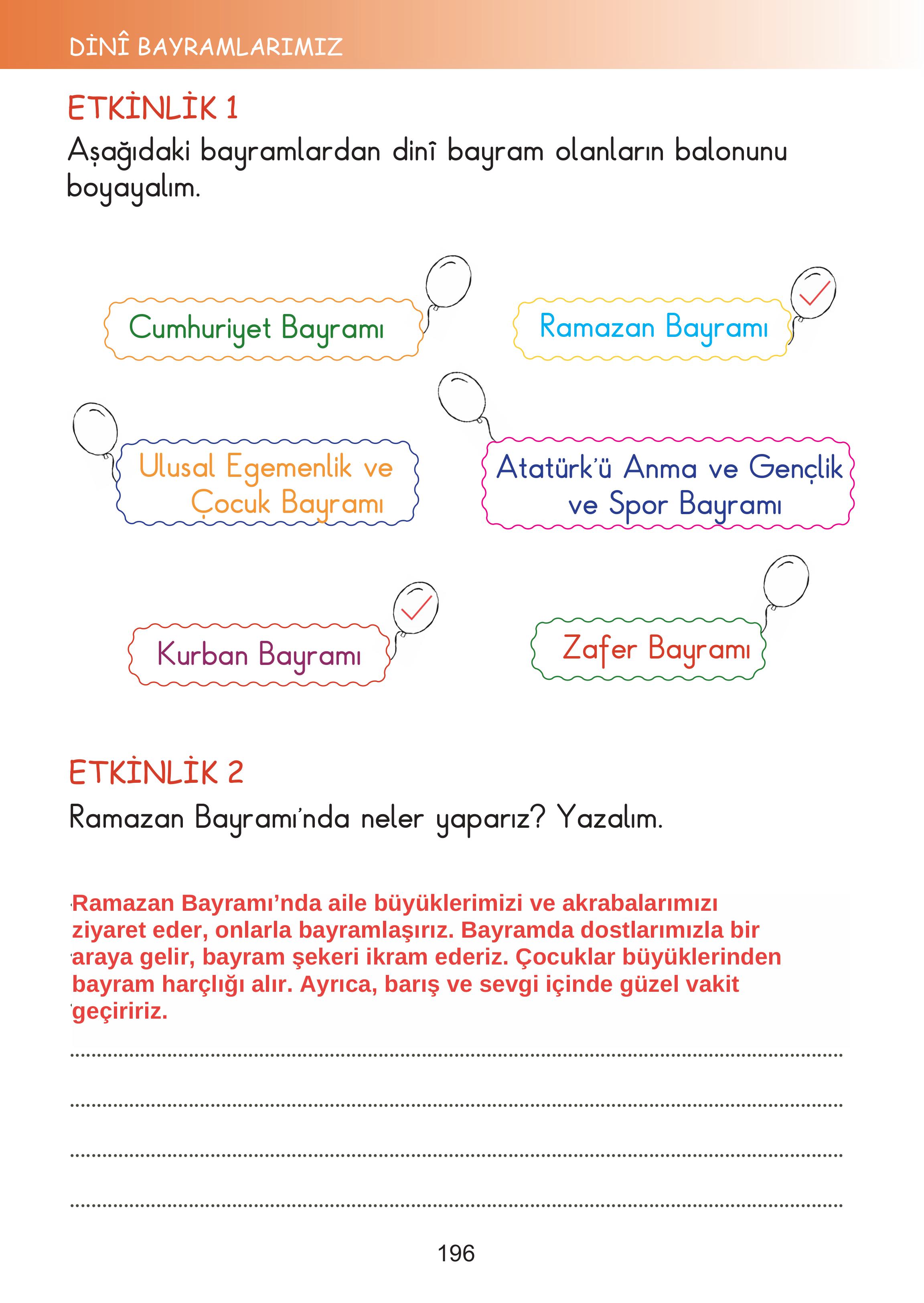 2. Sınıf Meb Yayınları Hayat Bilgisi Ders Kitabı Sayfa 196 Cevapları