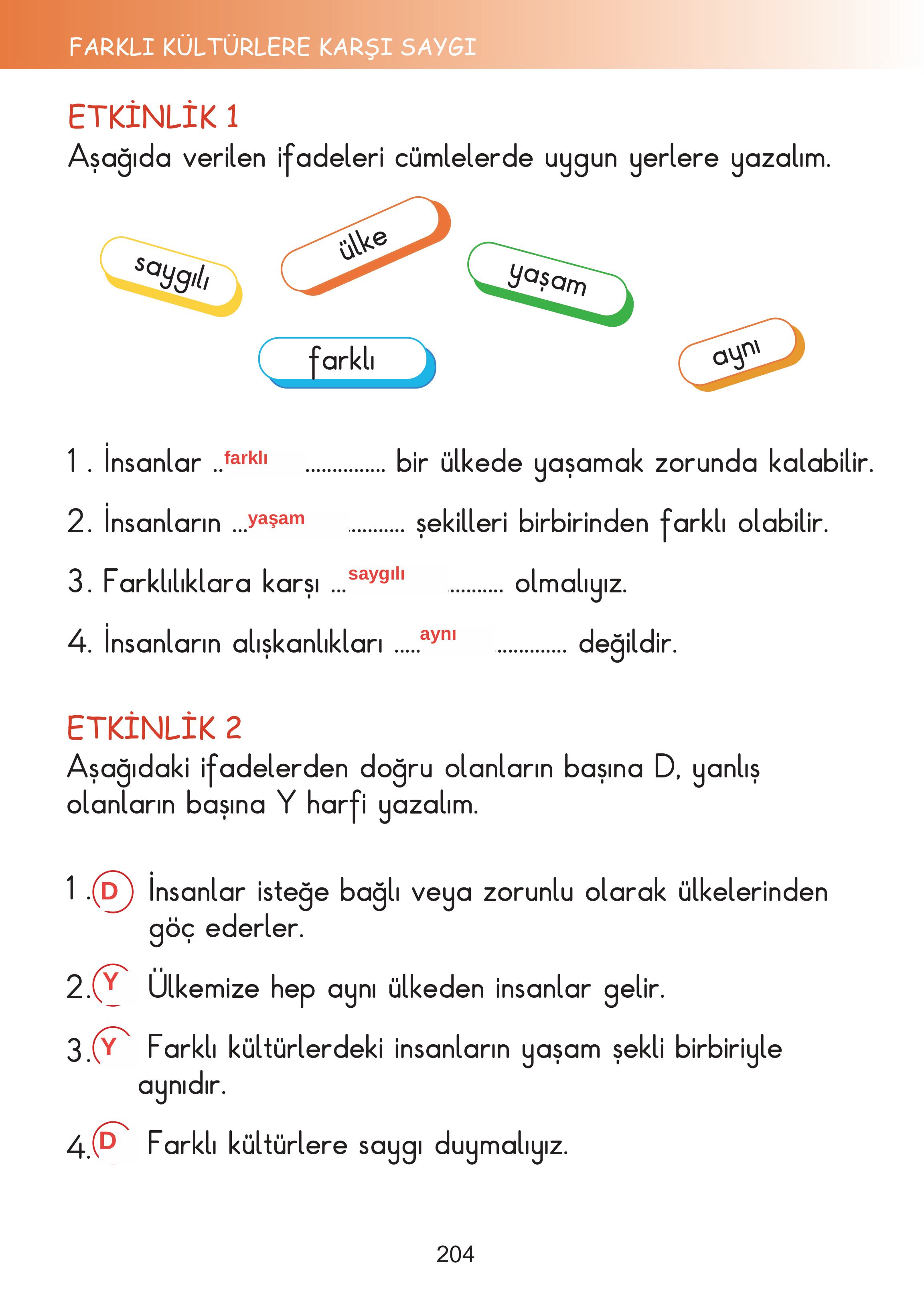 2. Sınıf Meb Yayınları Hayat Bilgisi Ders Kitabı Sayfa 204 Cevapları