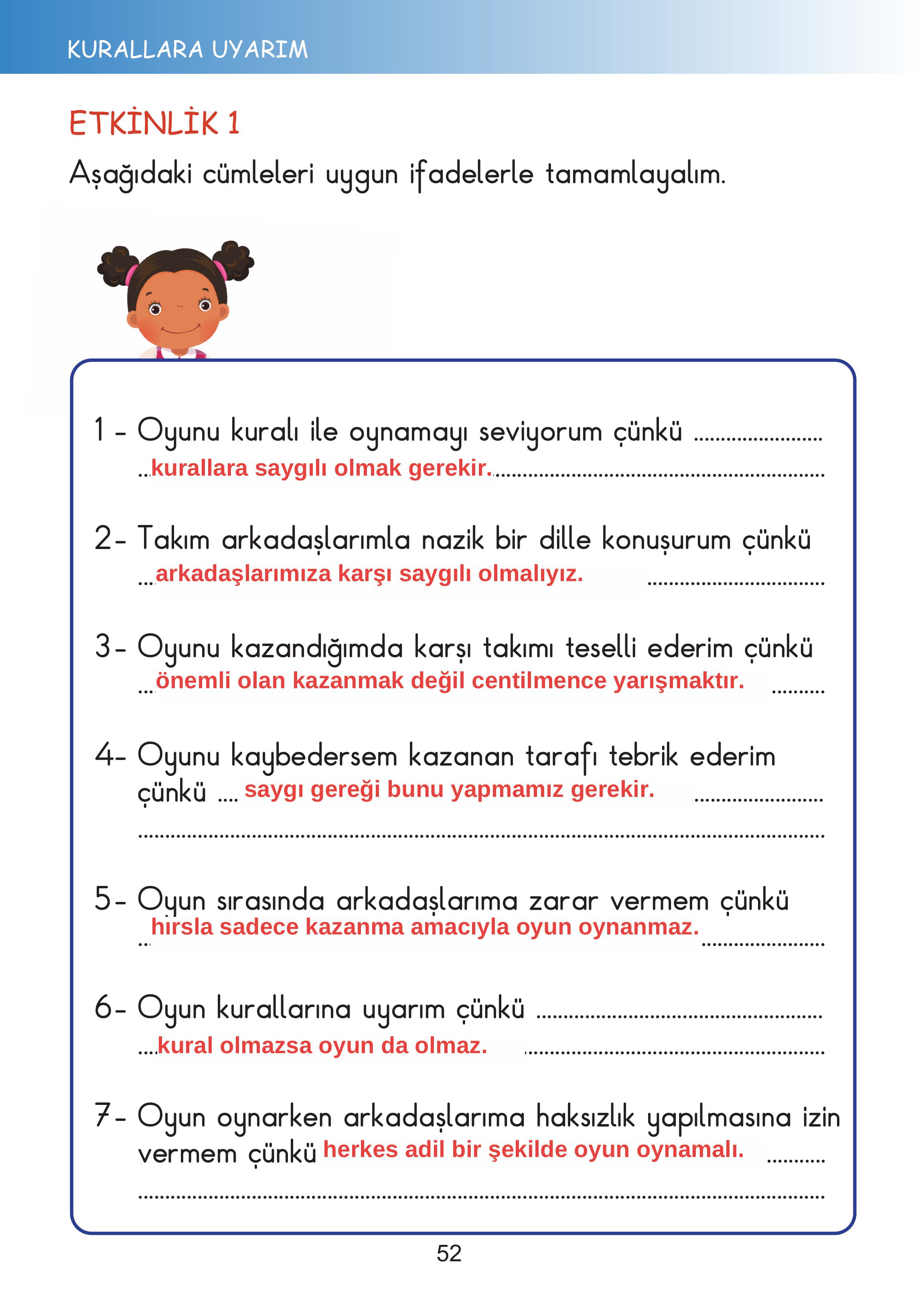 2. Sınıf Meb Yayınları Hayat Bilgisi Ders Kitabı Sayfa 52 Cevapları