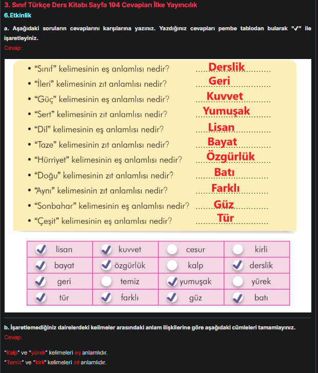 3. Sınıf İlke Yayınları Türkçe Ders Kitabı Sayfa 194 Cevapları 3. Sınıf İlke Yayınları Türkçe Ders Kitabı Sayfa 194 Cevapları