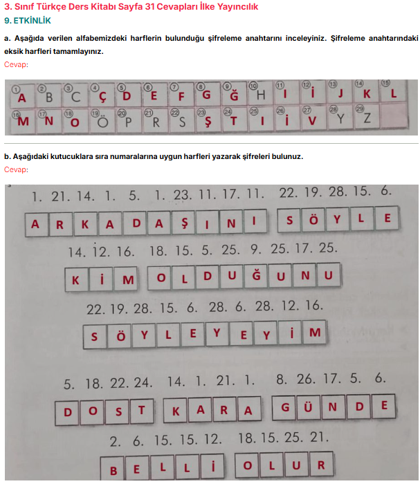 3. Sınıf İlke Yayınları Türkçe Ders Kitabı Sayfa 31 Cevapları 3. Sınıf İlke Yayınları Türkçe Ders Kitabı Sayfa 31 Cevapları
