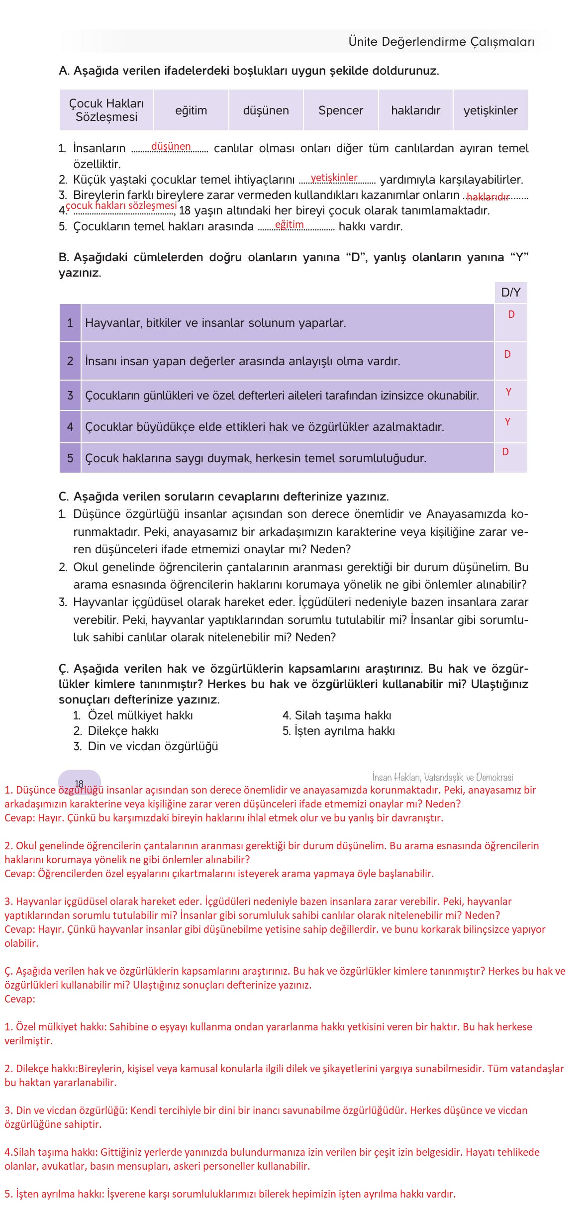 4. Sınıf Hecce Yayıncılık İnsan Hakları Vatandaşlık Ve Demokrasi Ders Kitabı Sayfa 18 Cevapları
