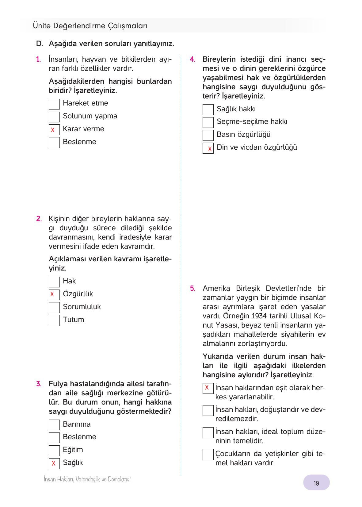 4. Sınıf Hecce Yayıncılık İnsan Hakları Vatandaşlık Ve Demokrasi Ders Kitabı Sayfa 19 Cevapları