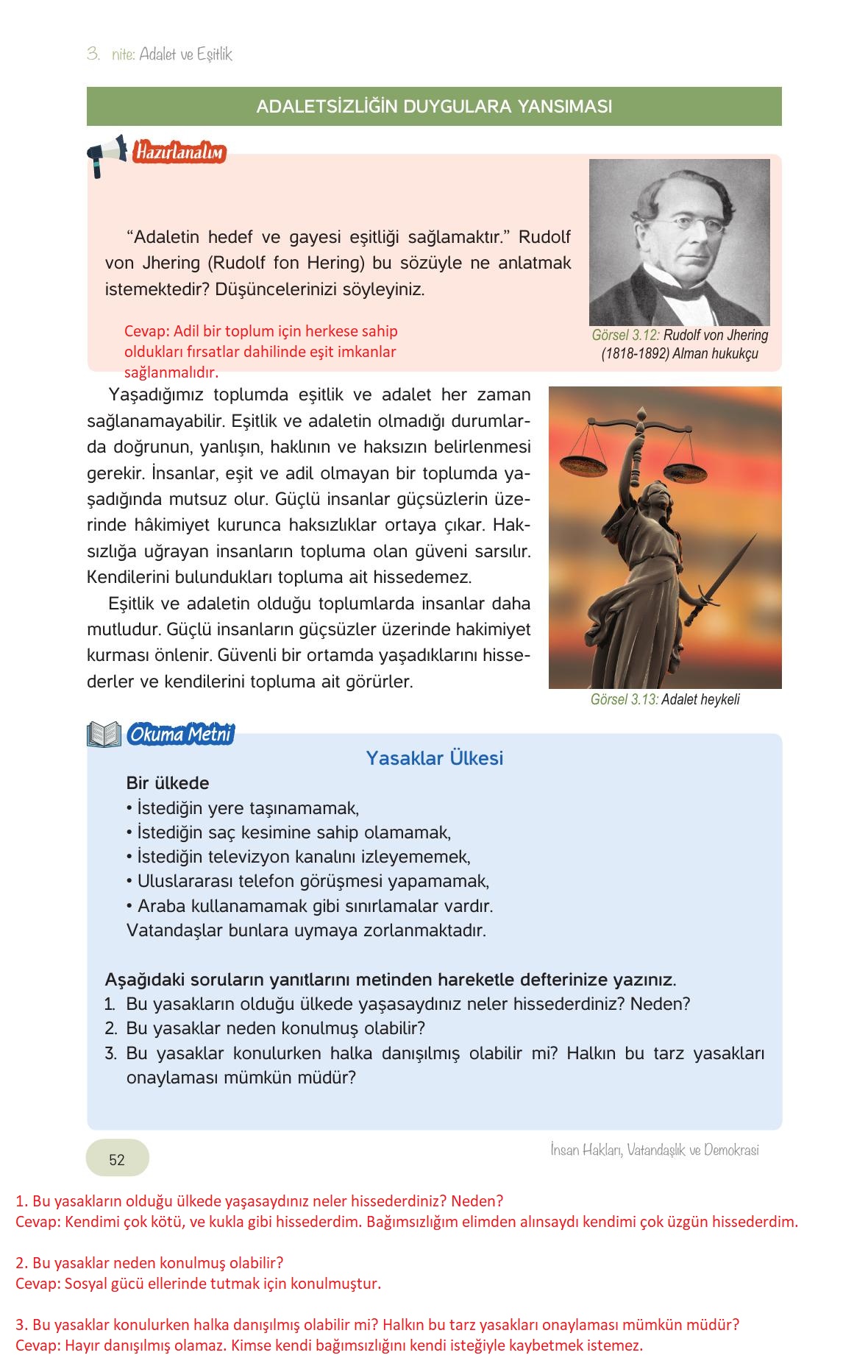 4. Sınıf Hecce Yayıncılık İnsan Hakları Vatandaşlık Ve Demokrasi Ders Kitabı Sayfa 52 Cevapları