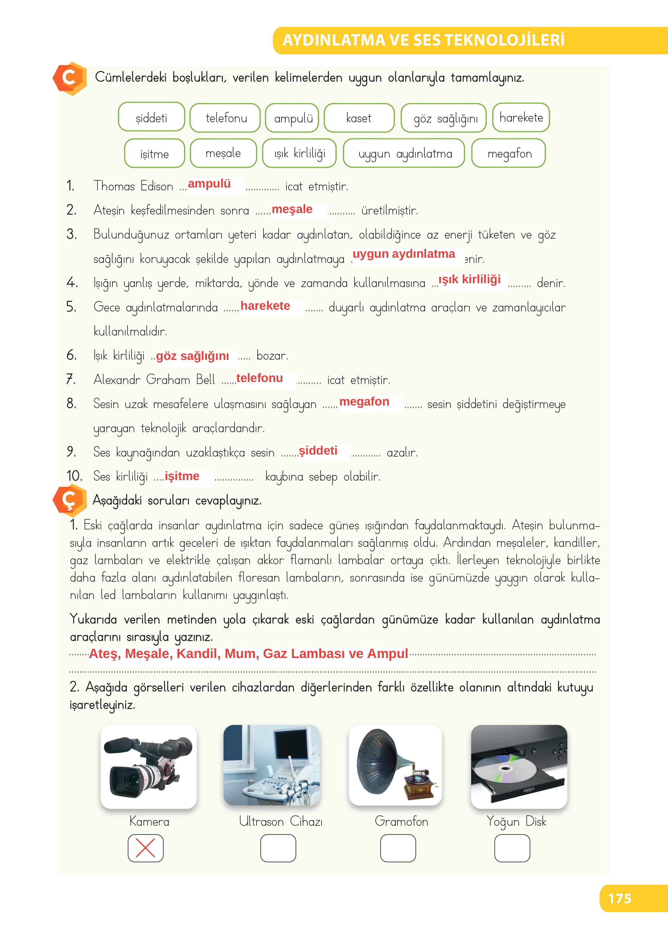 4. Sınıf Meb Yayınları Fen Bilimleri Ders Kitabı Sayfa 175 Cevapları