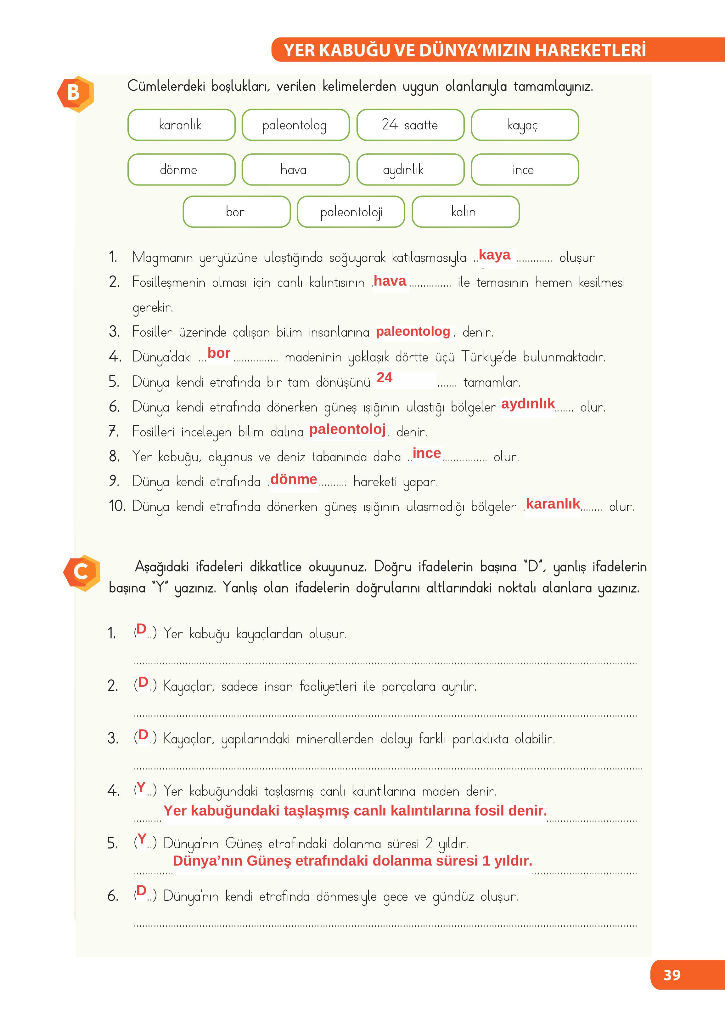 4. Sınıf Meb Yayınları Fen Bilimleri Ders Kitabı Sayfa 39 Cevapları