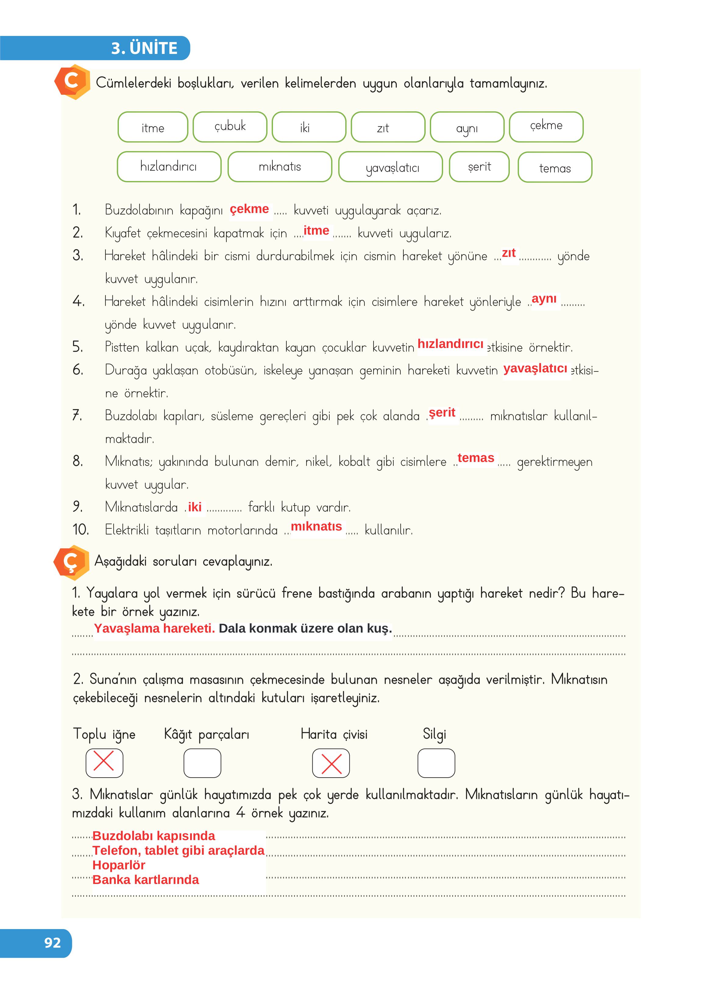 4. Sınıf Meb Yayınları Fen Bilimleri Ders Kitabı Sayfa 92 Cevapları