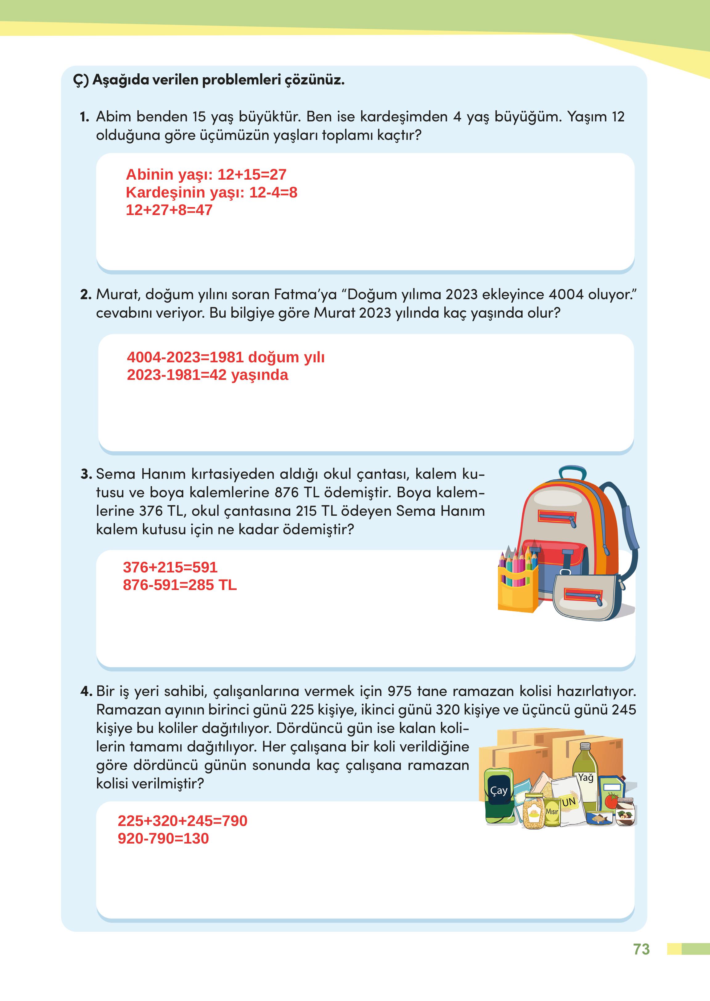 4. Sınıf Meb Yayınları Matematik Ders Kitabı Sayfa 73 Cevapları