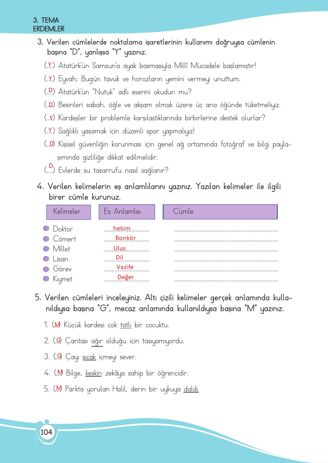 4. Sınıf Meb Yayınları Türkçe Ders Kitabı Sayfa 104 Cevapları