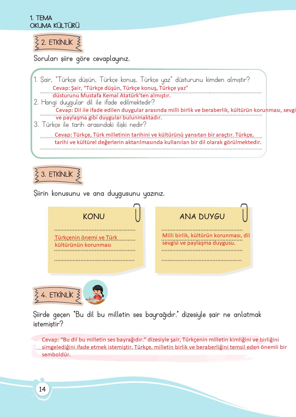 4. Sınıf Meb Yayınları Türkçe Ders Kitabı Sayfa 14 Cevapları