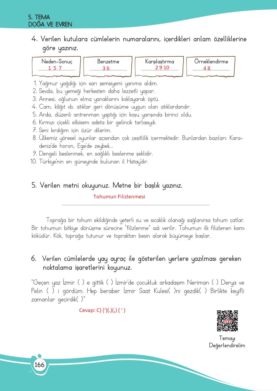 4. Sınıf Meb Yayınları Türkçe Ders Kitabı Sayfa 166 Cevapları