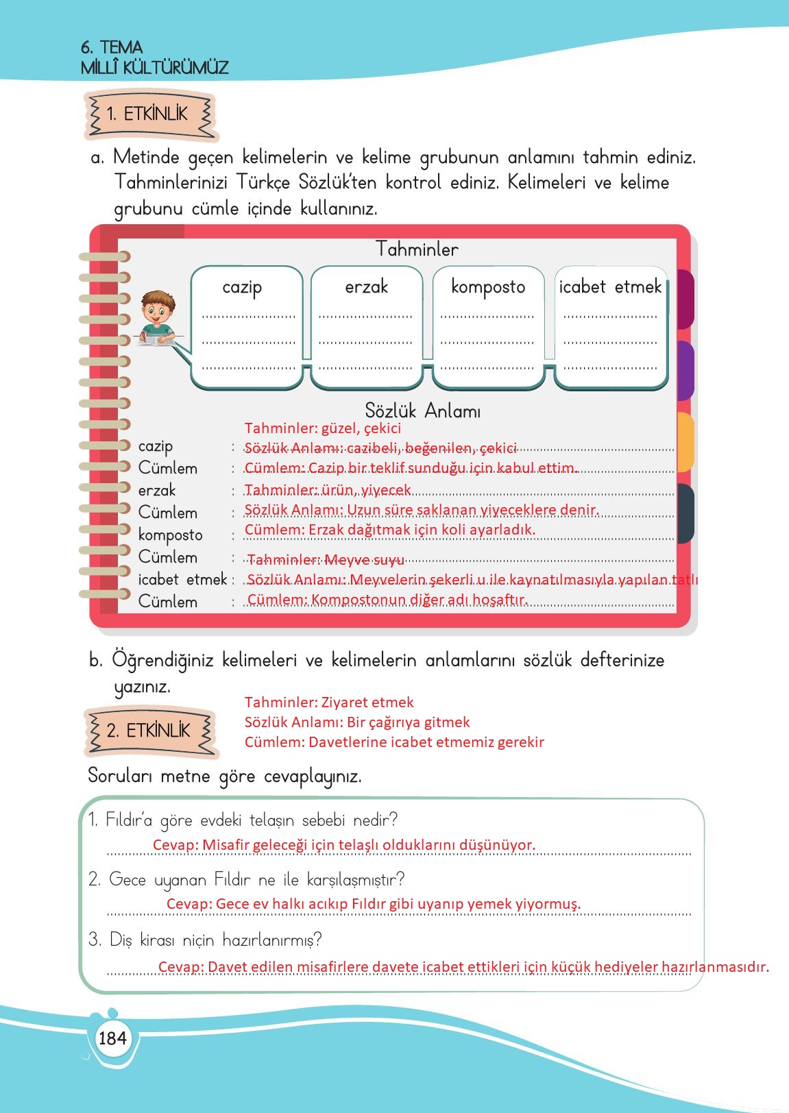 4. Sınıf Meb Yayınları Türkçe Ders Kitabı Sayfa 184 Cevapları