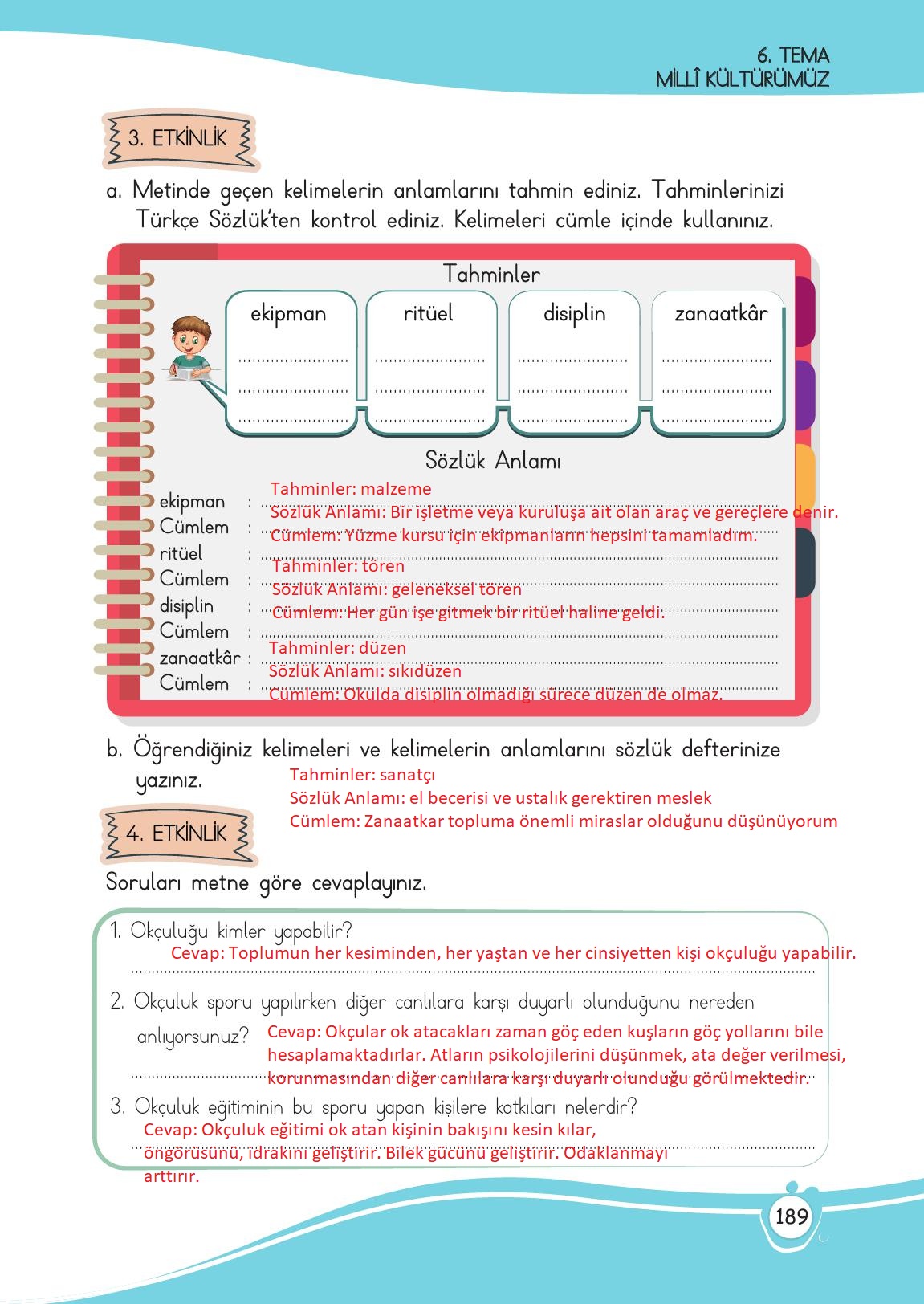 4. Sınıf Meb Yayınları Türkçe Ders Kitabı Sayfa 189 Cevapları