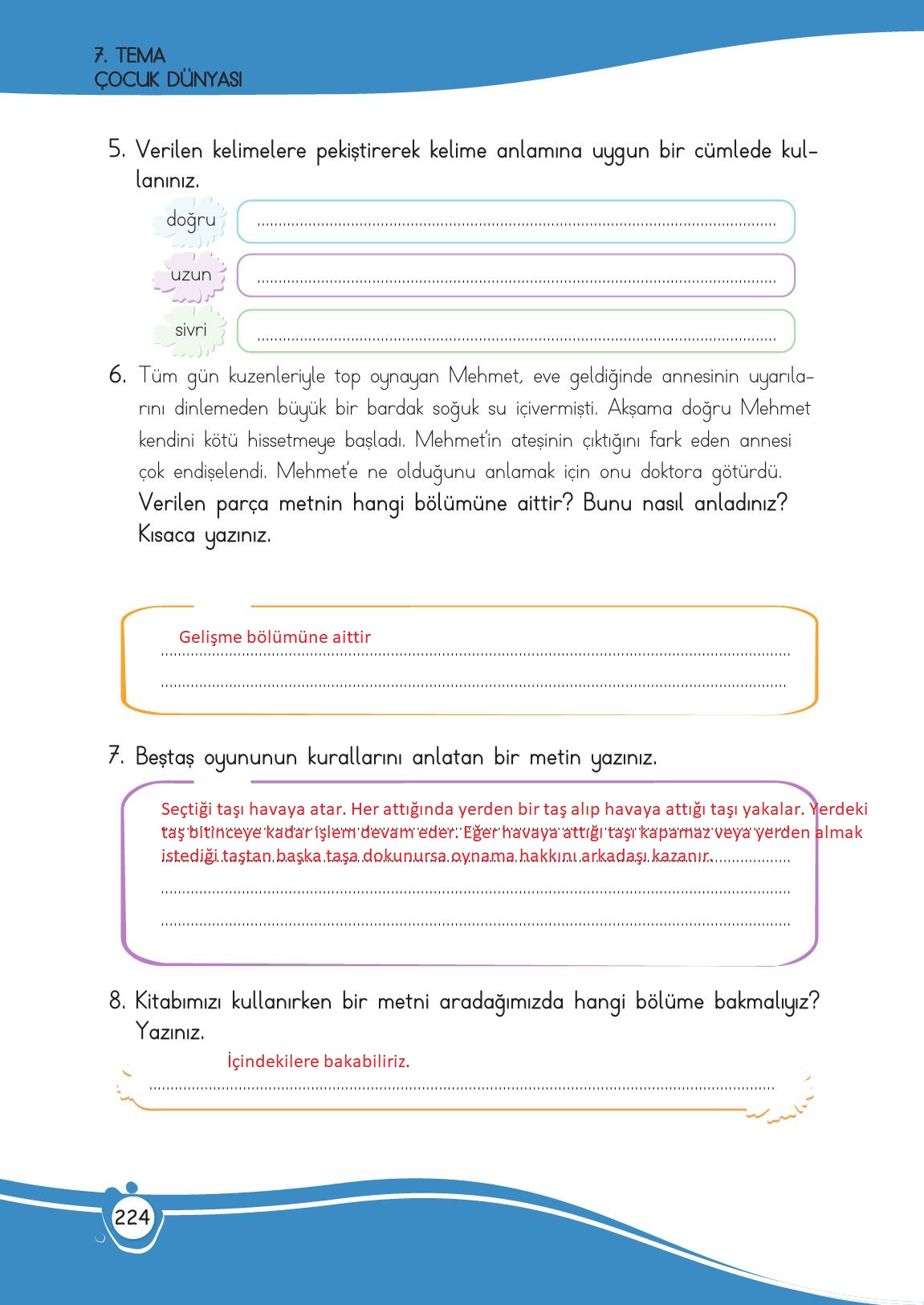 4. Sınıf Meb Yayınları Türkçe Ders Kitabı Sayfa 224 Cevapları