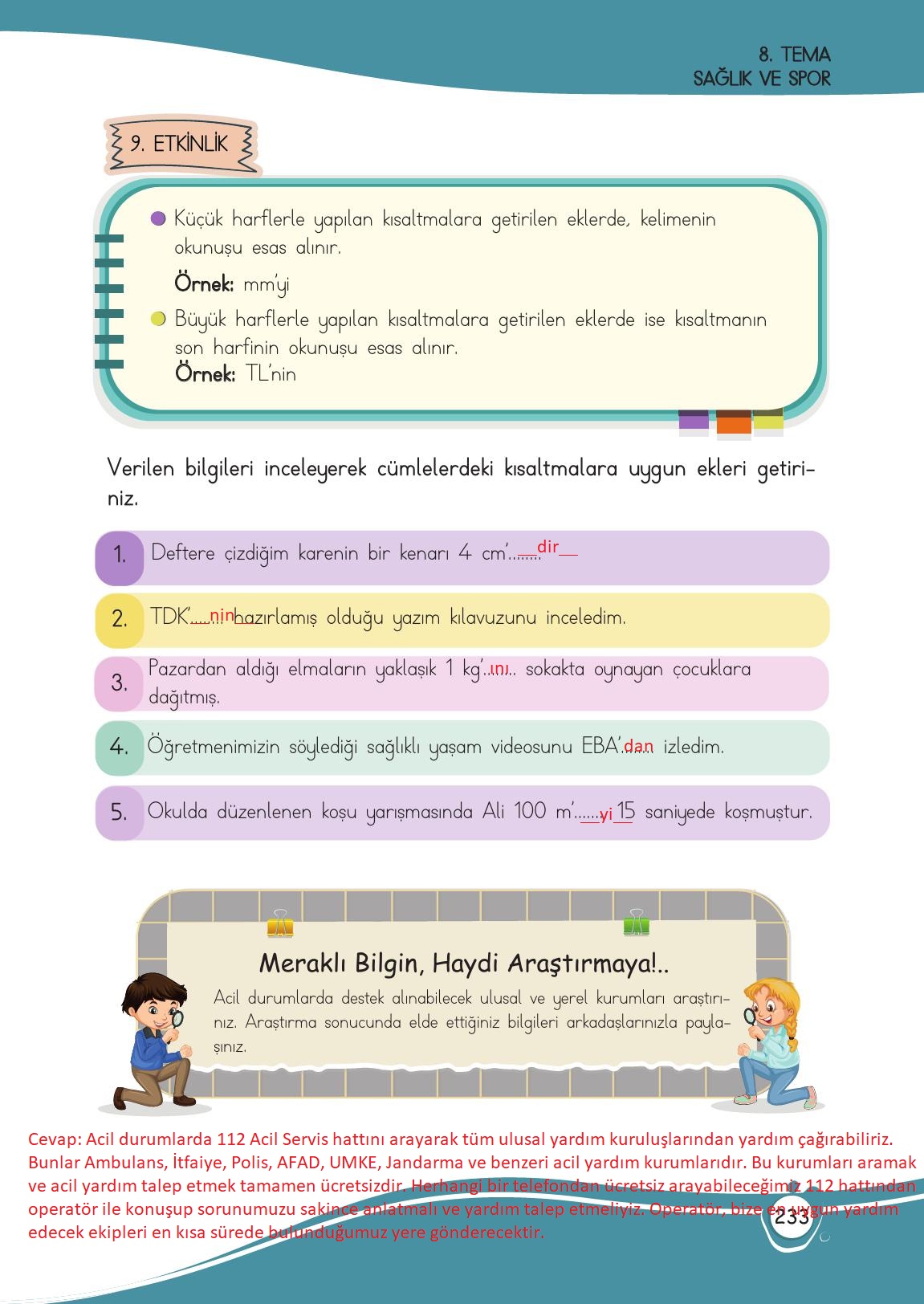 4. Sınıf Meb Yayınları Türkçe Ders Kitabı Sayfa 233 Cevapları