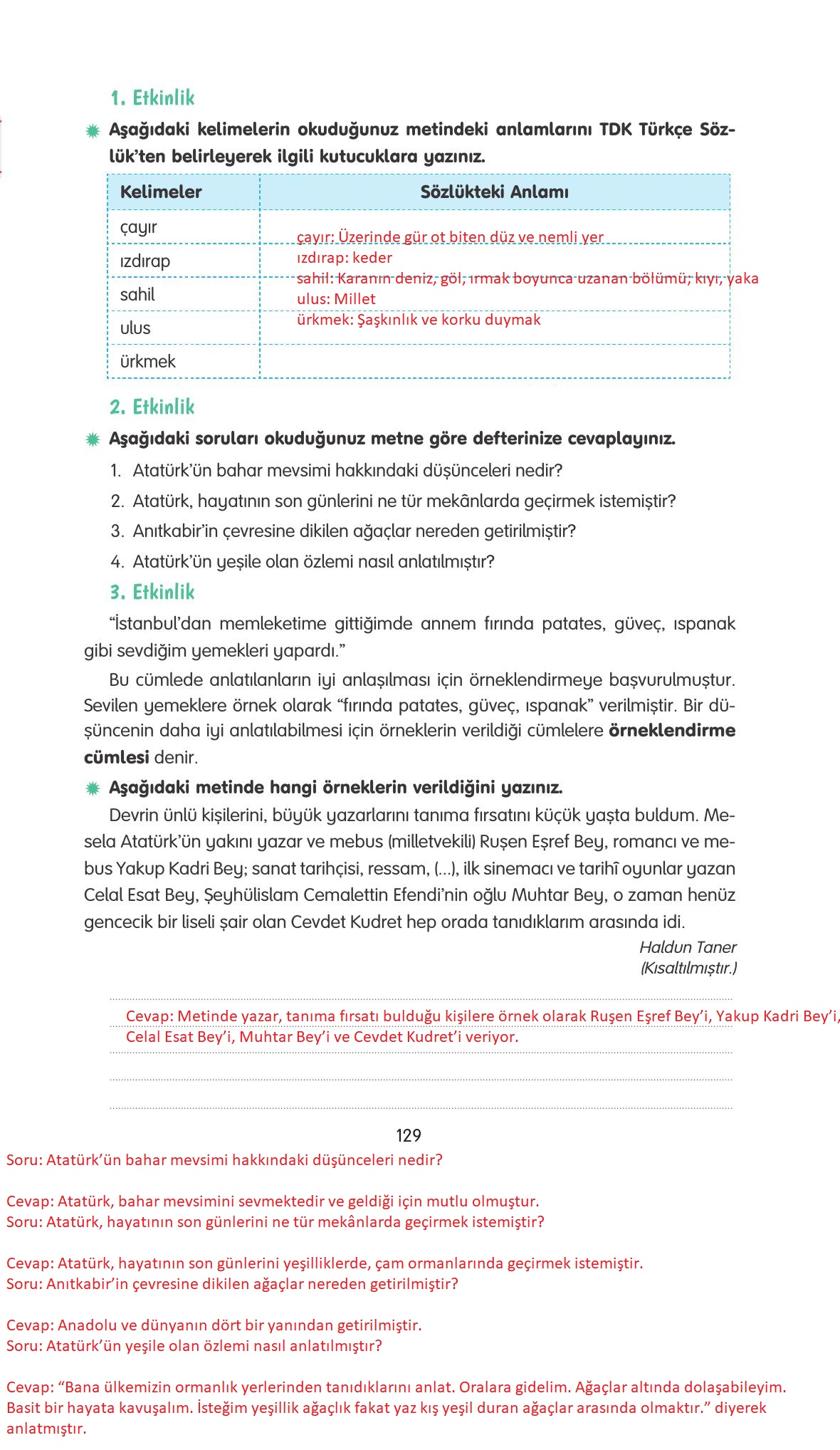 4. Sınıf Tuna Yayınları Türkçe Ders Kitabı Sayfa 129 Cevapları