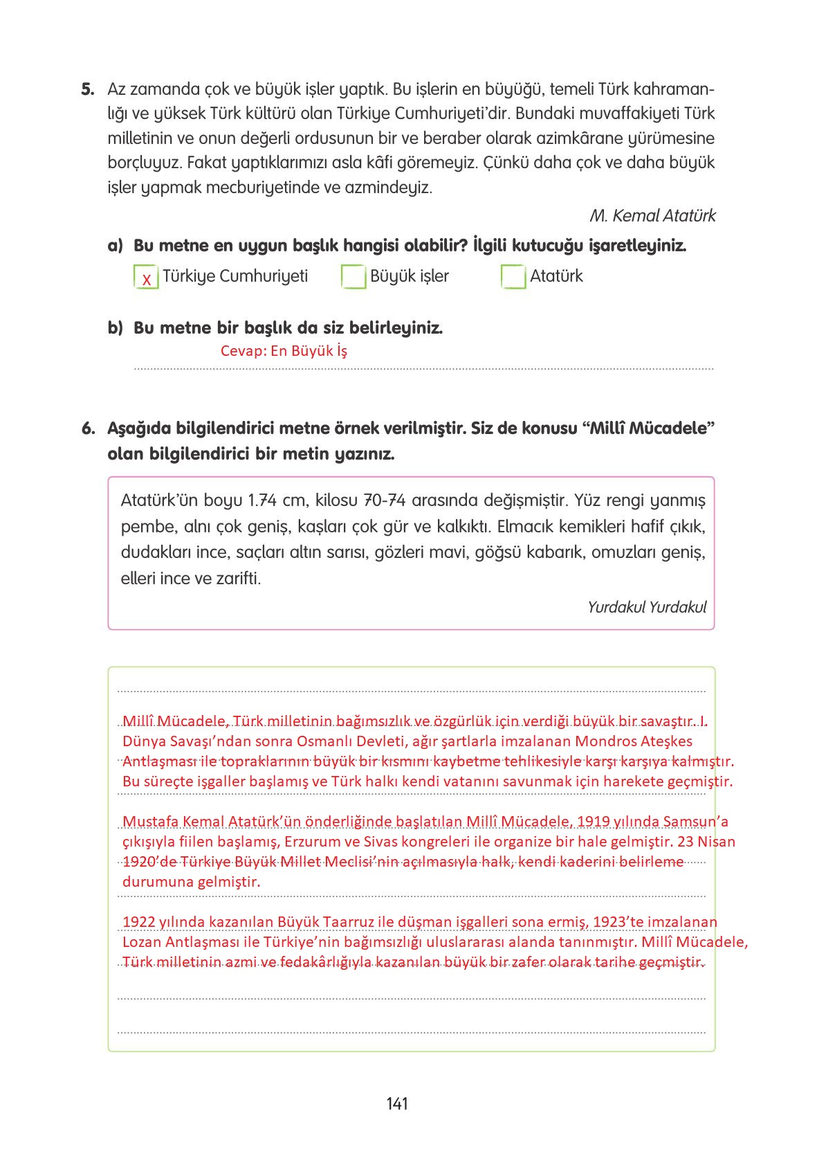 4. Sınıf Tuna Yayınları Türkçe Ders Kitabı Sayfa 141 Cevapları