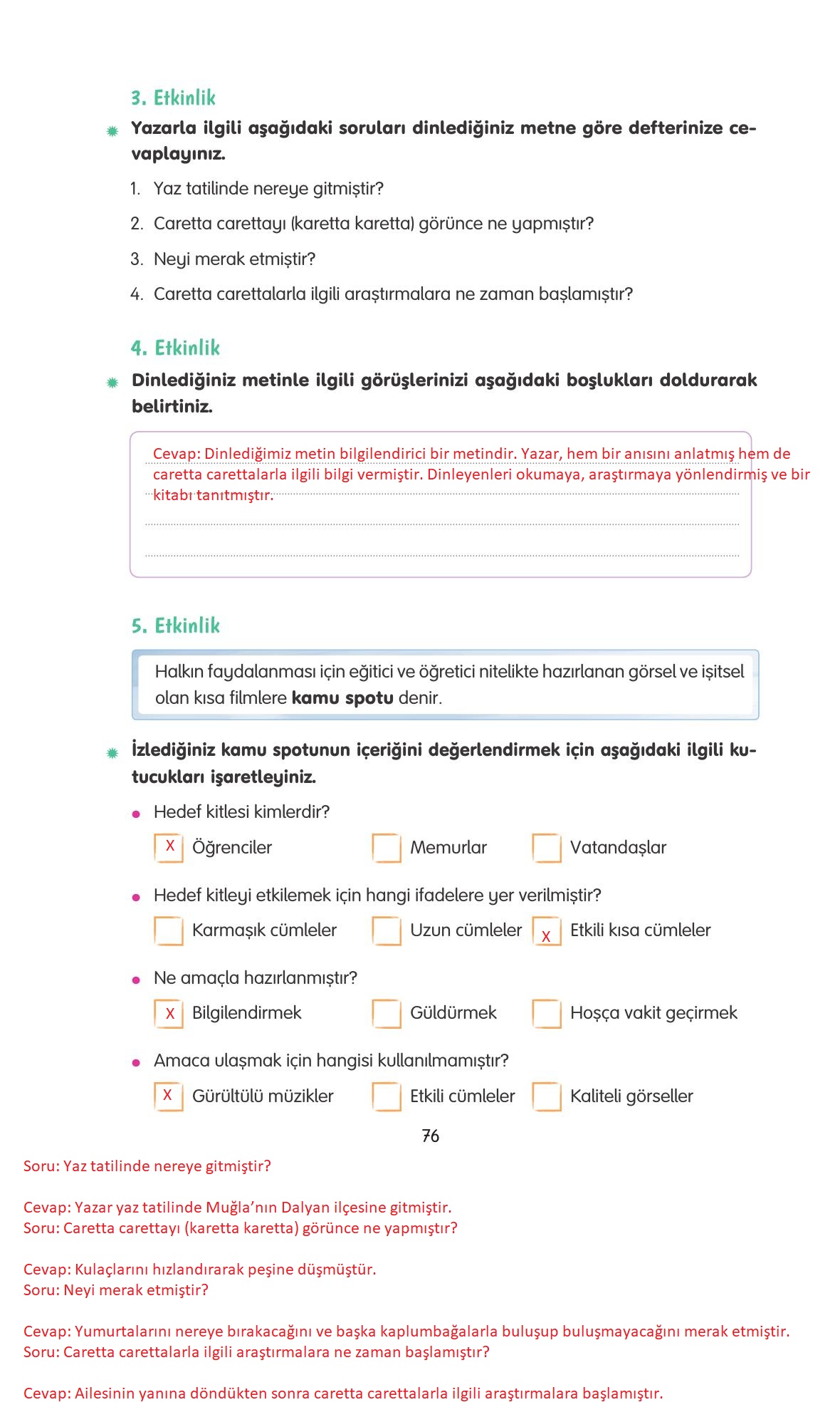4. Sınıf Tuna Yayınları Türkçe Ders Kitabı Sayfa 76 Cevapları