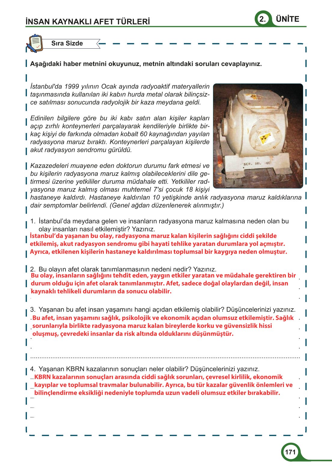 5-6-7. Sınıf Meb Yayınları Afet Bilinci Ders Kitabı 2. Kitap Sayfa 171 Cevapları