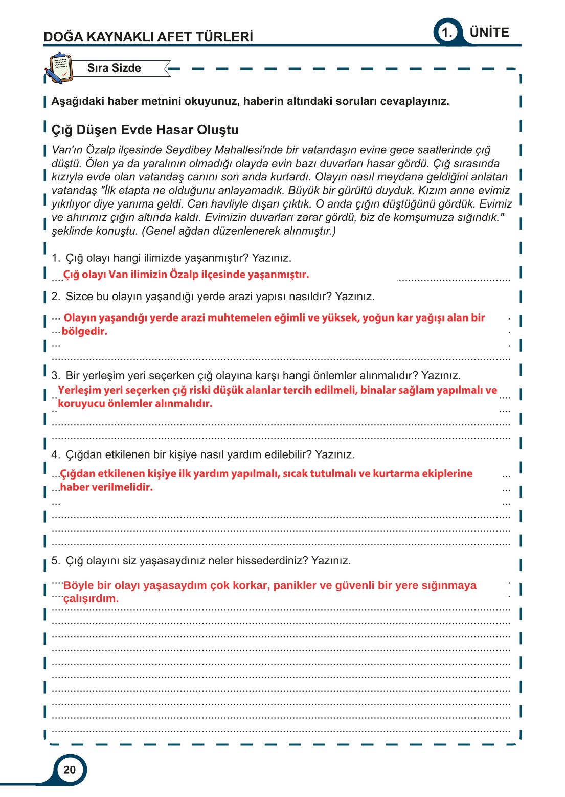 5-6-7. Sınıf Meb Yayınları Afet Bilinci Ders Kitabı 2. Kitap Sayfa 20 Cevapları