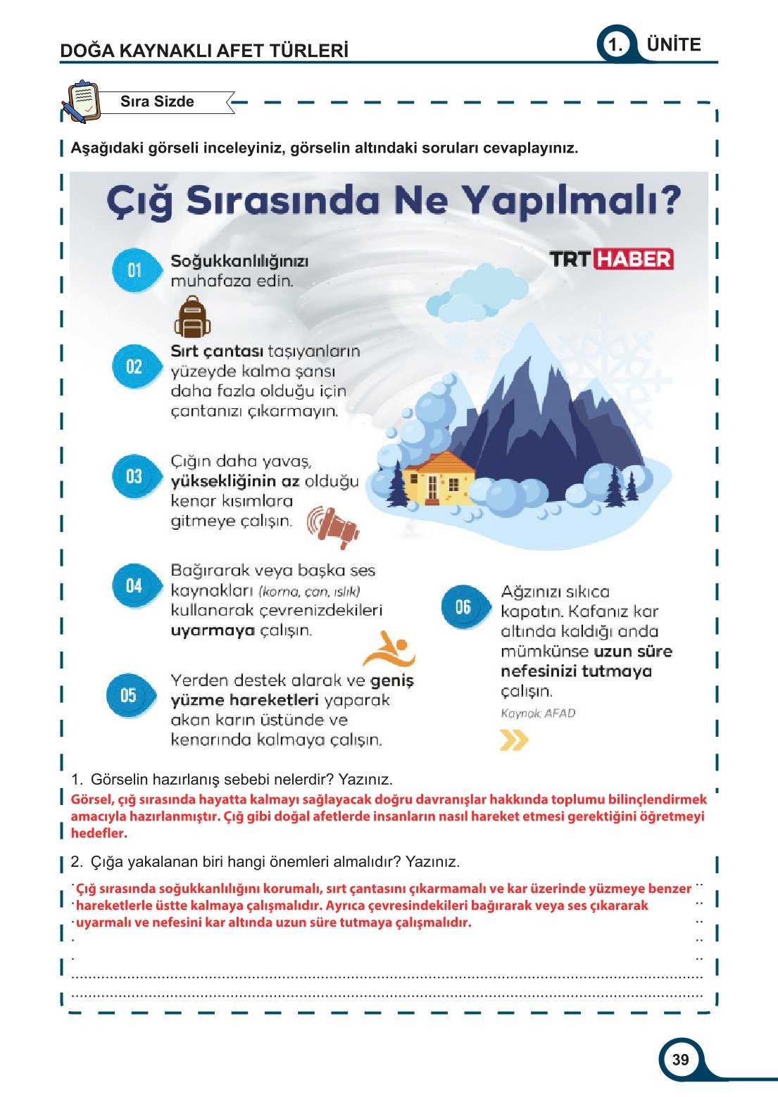 5-6-7. Sınıf Meb Yayınları Afet Bilinci Ders Kitabı 2. Kitap Sayfa 39 Cevapları