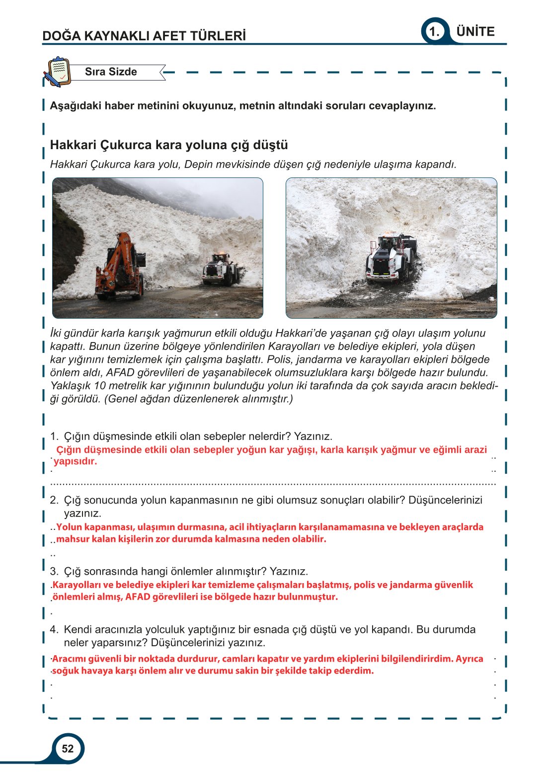 5-6-7. Sınıf Meb Yayınları Afet Bilinci Ders Kitabı 2. Kitap Sayfa 52 Cevapları