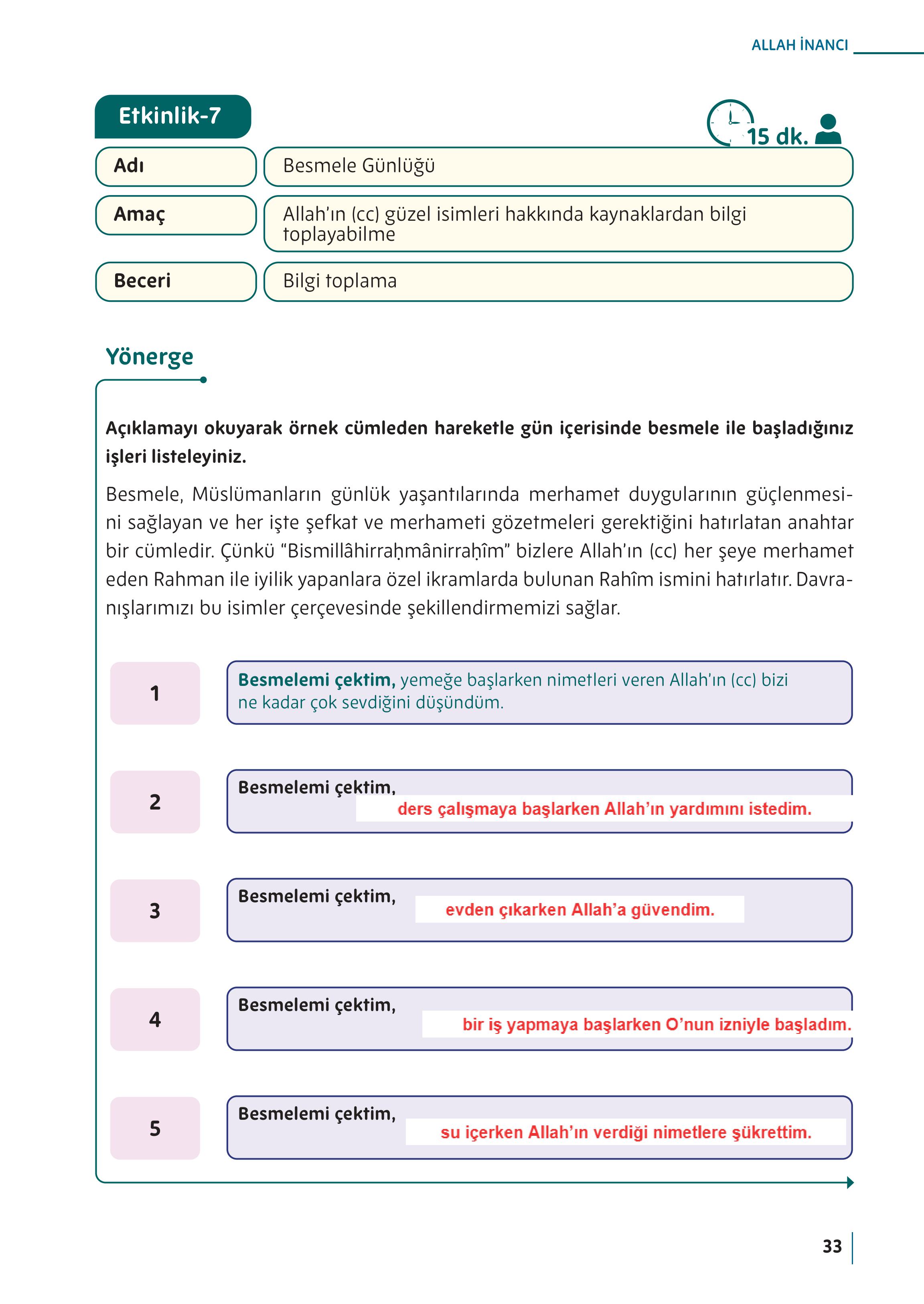 5. Sınıf Meb Yayınları Din Kültürü Ve Ahlak Bilgisi Ders Kitabı Sayfa 33 Cevapları