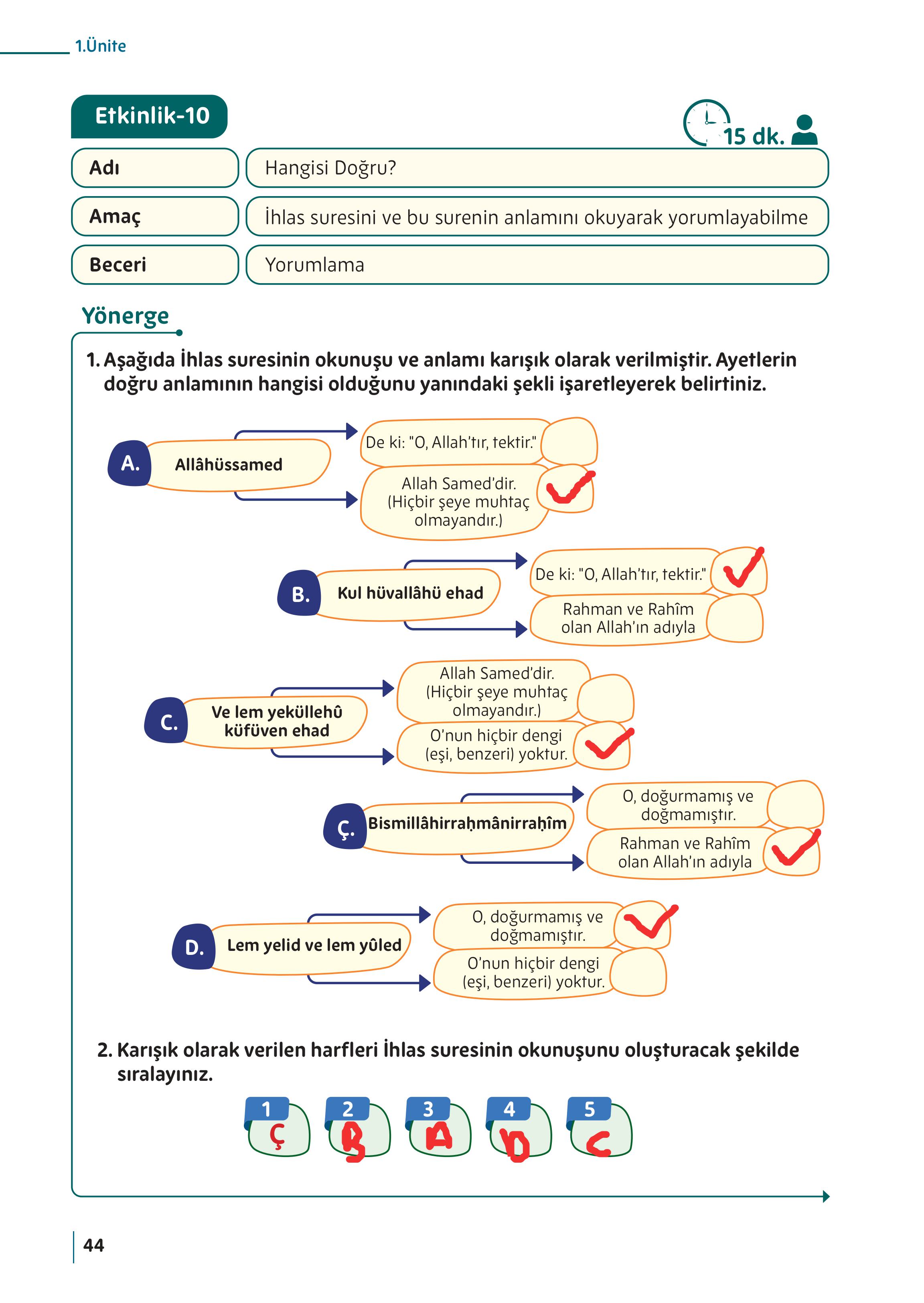 5. Sınıf Meb Yayınları Din Kültürü Ve Ahlak Bilgisi Ders Kitabı Sayfa 44 Cevapları