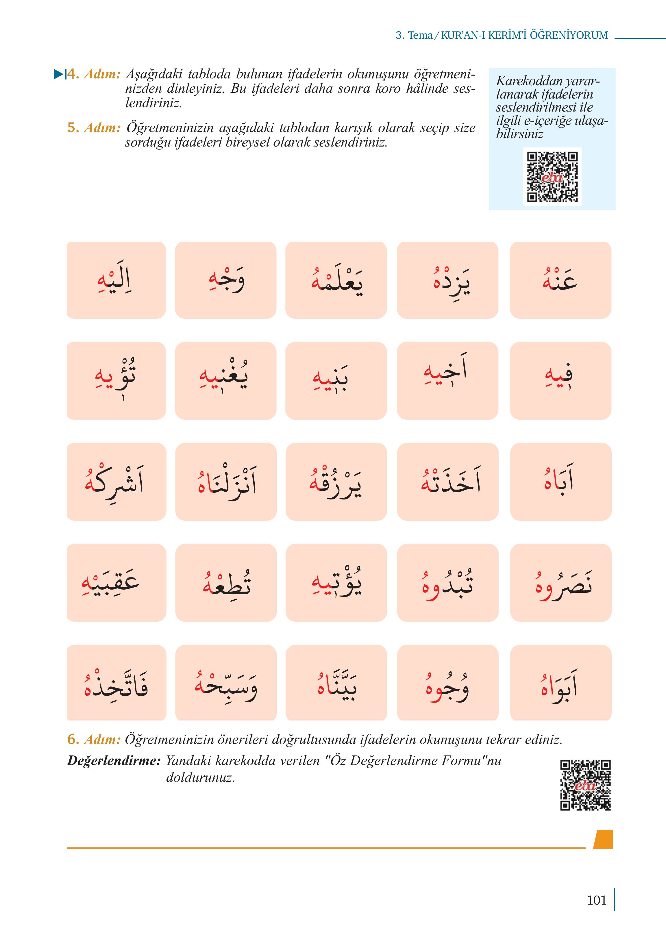 5. Sınıf Meb Yayınları Kuran-ı Kerim Ders Kitabı Sayfa 101 Cevapları