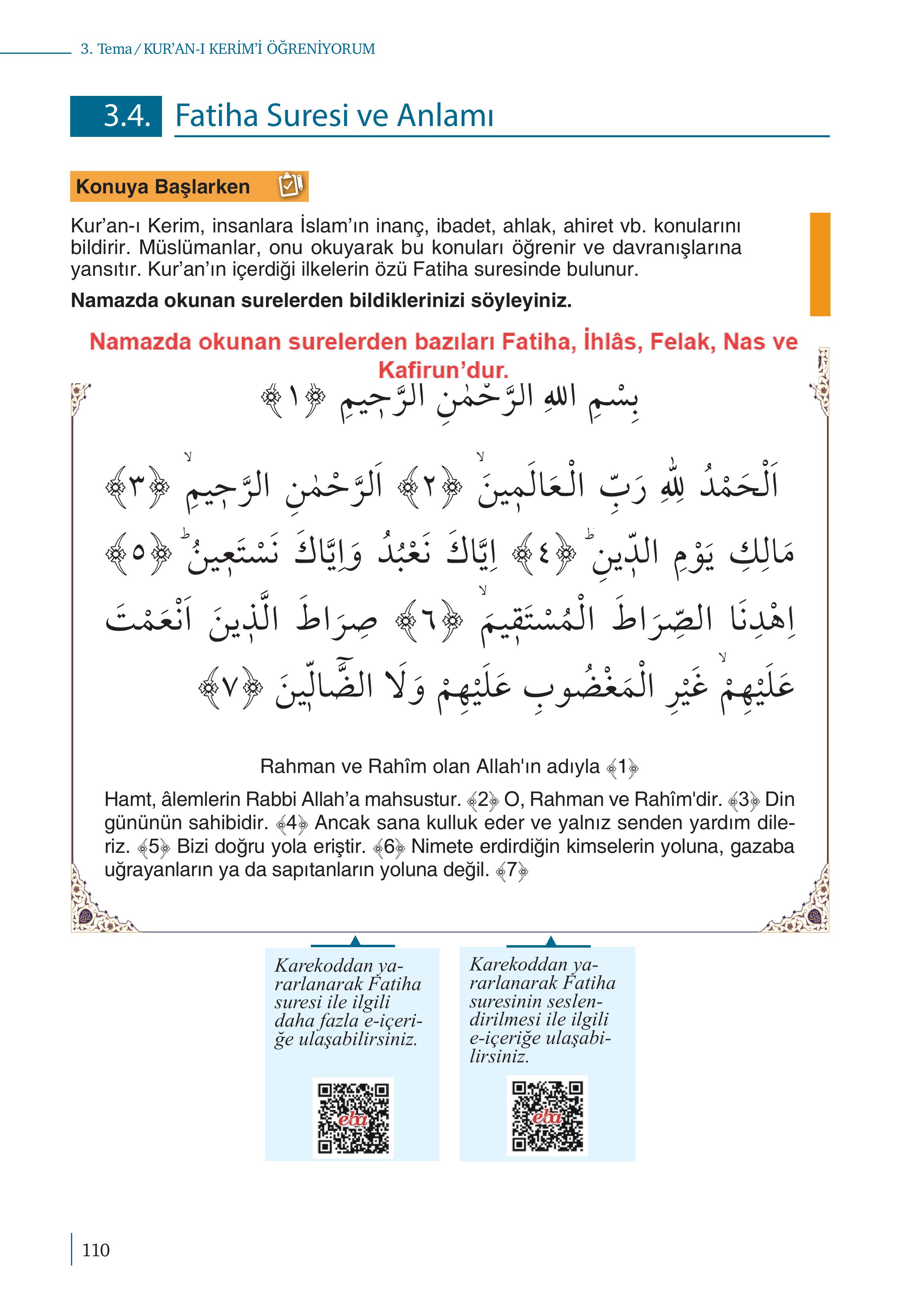 5. Sınıf Meb Yayınları Kuran-ı Kerim Ders Kitabı Sayfa 110 Cevapları
