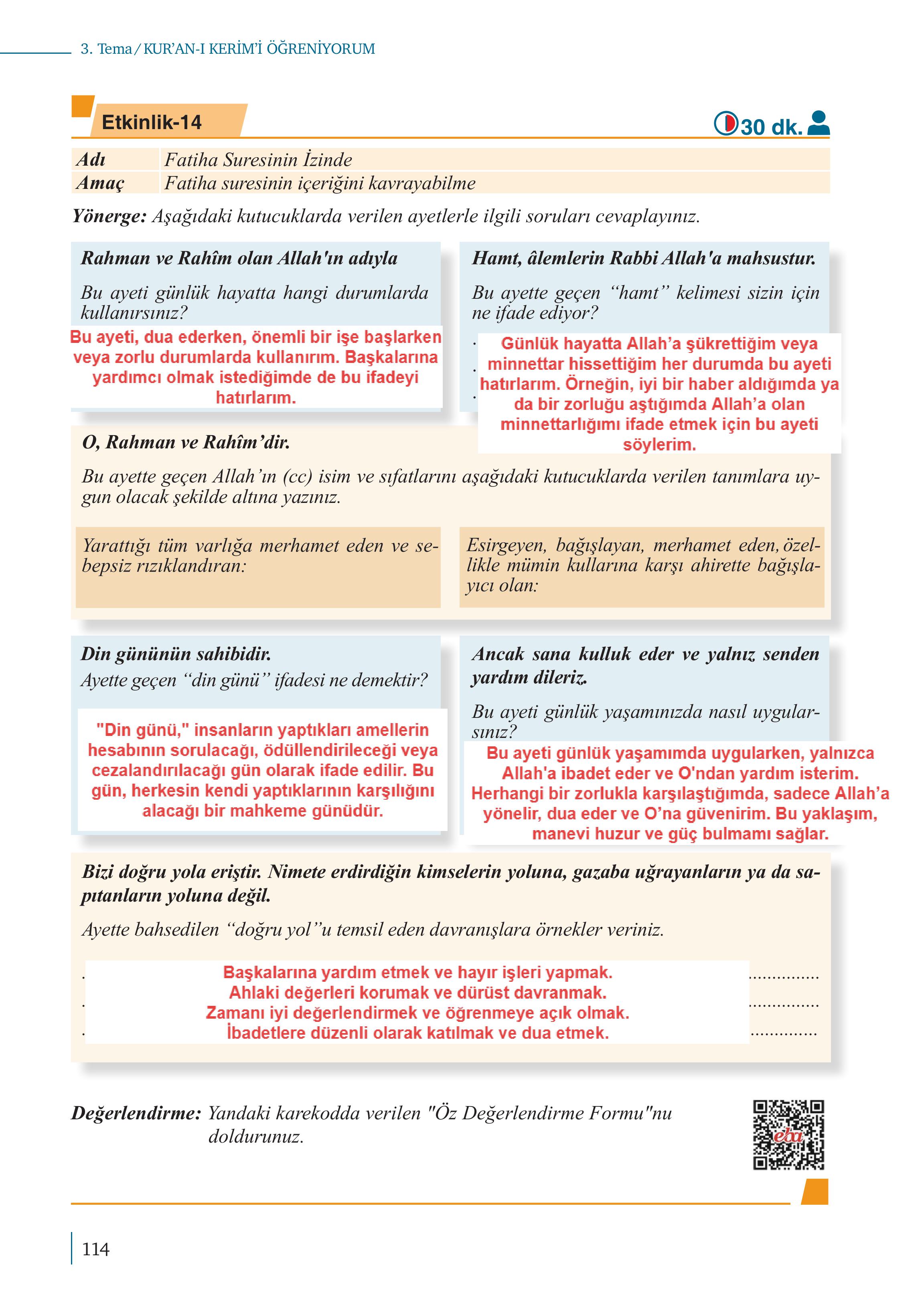 5. Sınıf Meb Yayınları Kuran-ı Kerim Ders Kitabı Sayfa 114 Cevapları
