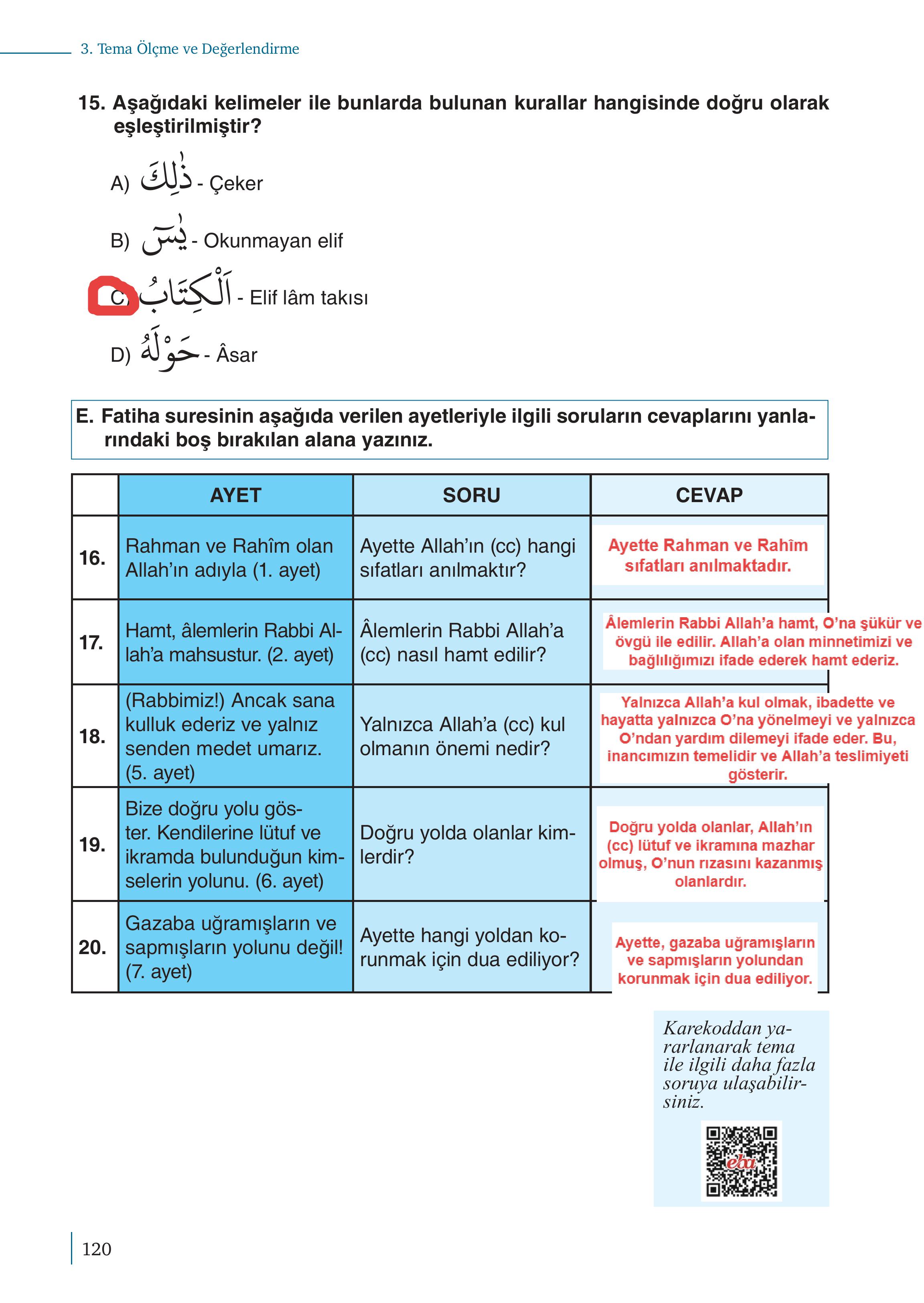 5. Sınıf Meb Yayınları Kuran-ı Kerim Ders Kitabı Sayfa 120 Cevapları