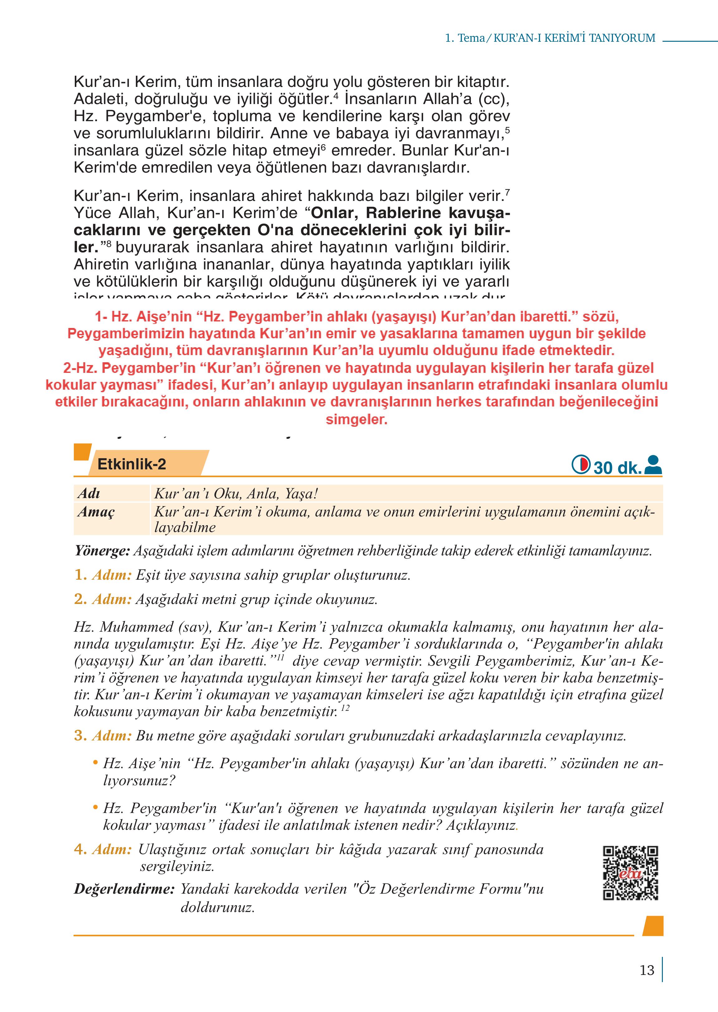 5. Sınıf Meb Yayınları Kuran-ı Kerim Ders Kitabı Sayfa 13 Cevapları