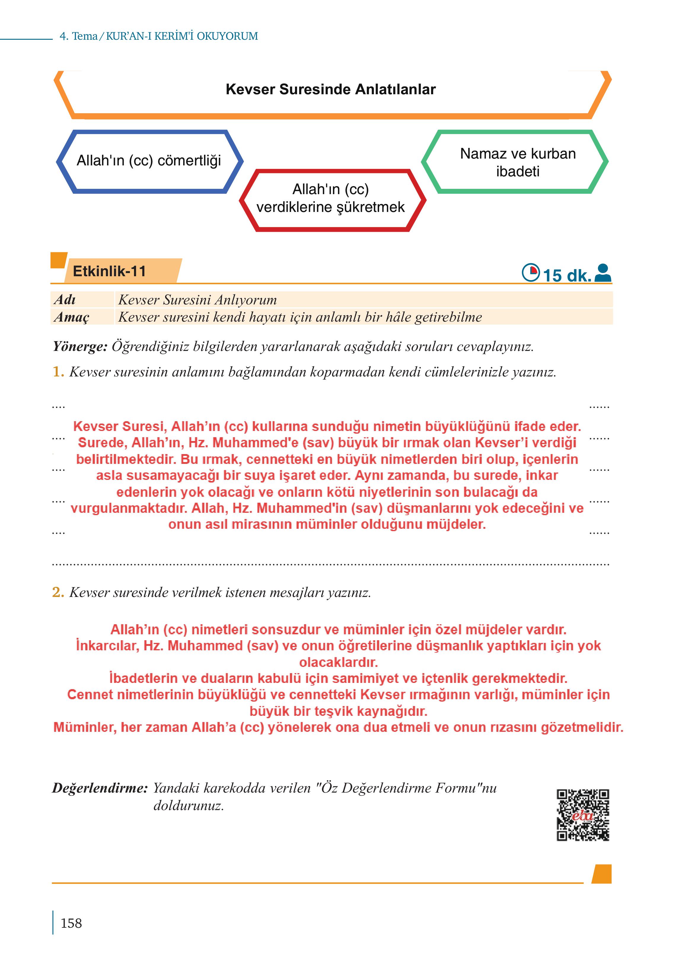 5. Sınıf Meb Yayınları Kuran-ı Kerim Ders Kitabı Sayfa 158 Cevapları